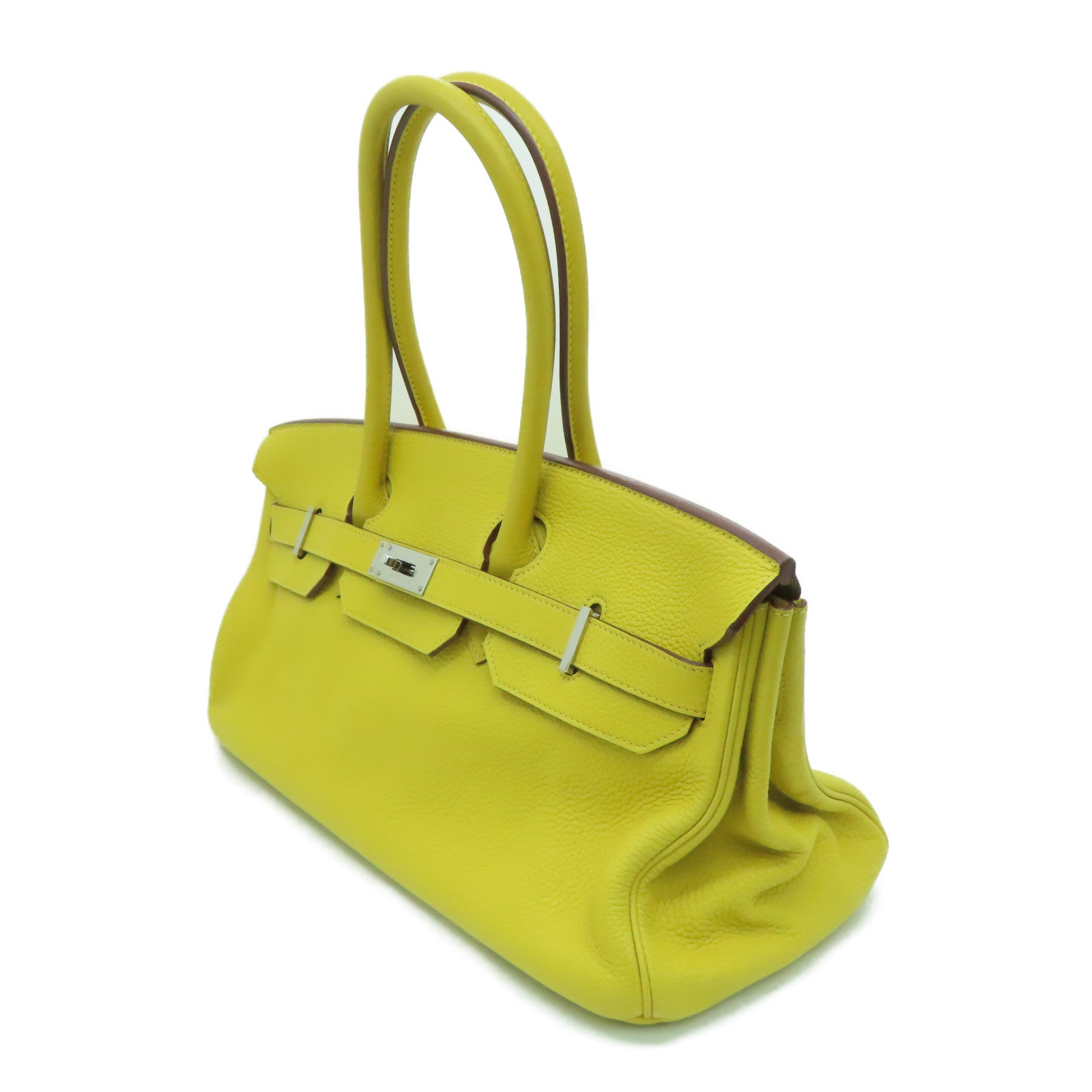 HERMES Clemence皮革Shoulder Birkin银扣手挽袋/肩背袋Jaune Ambre/黄色