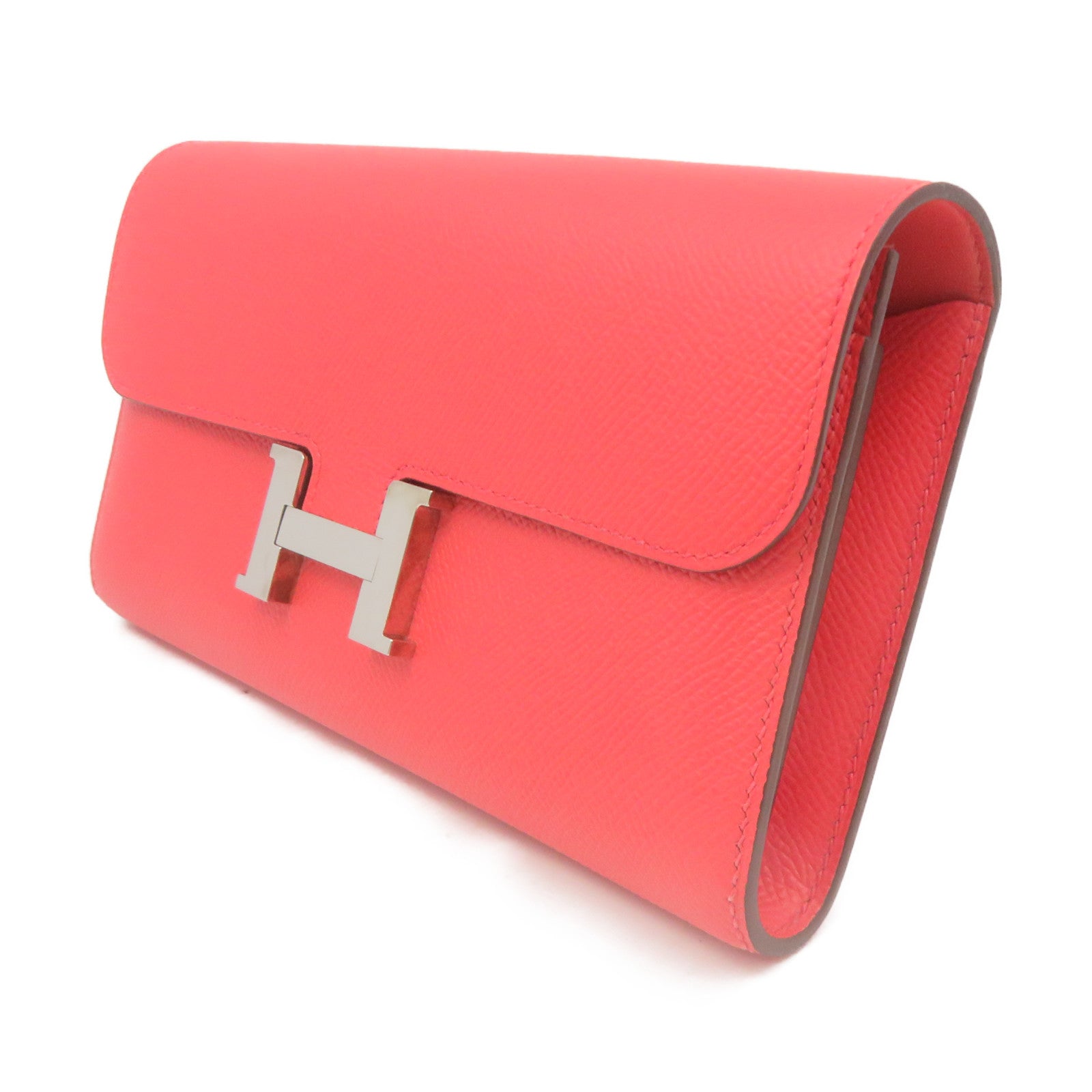 HERMES Epsom皮革Constance Wallet銀扣長錢包Rose Jaipur蜜桃紅色