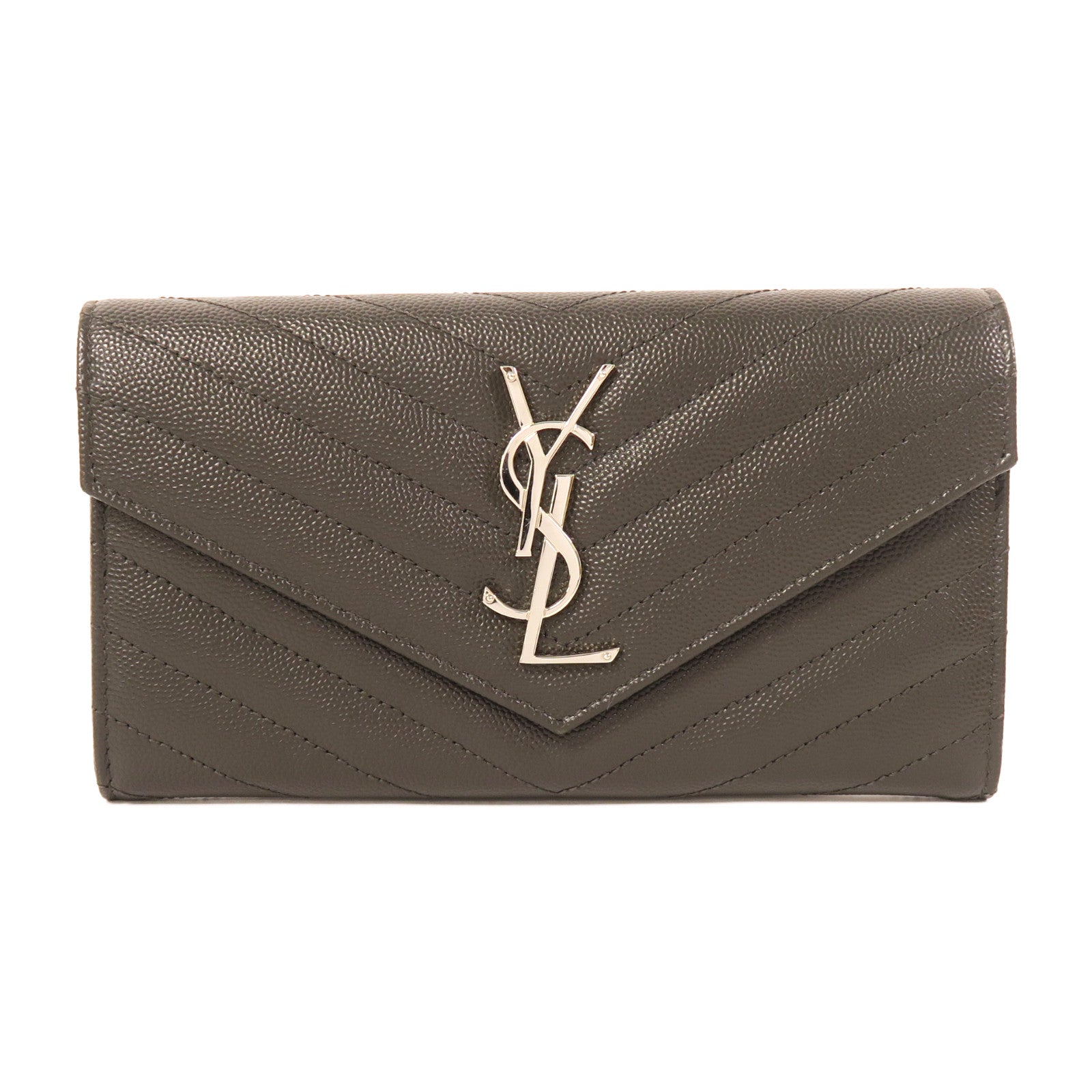 YVES SAINT LAURENT 皮革Long Wallet銀扣長錢包灰色