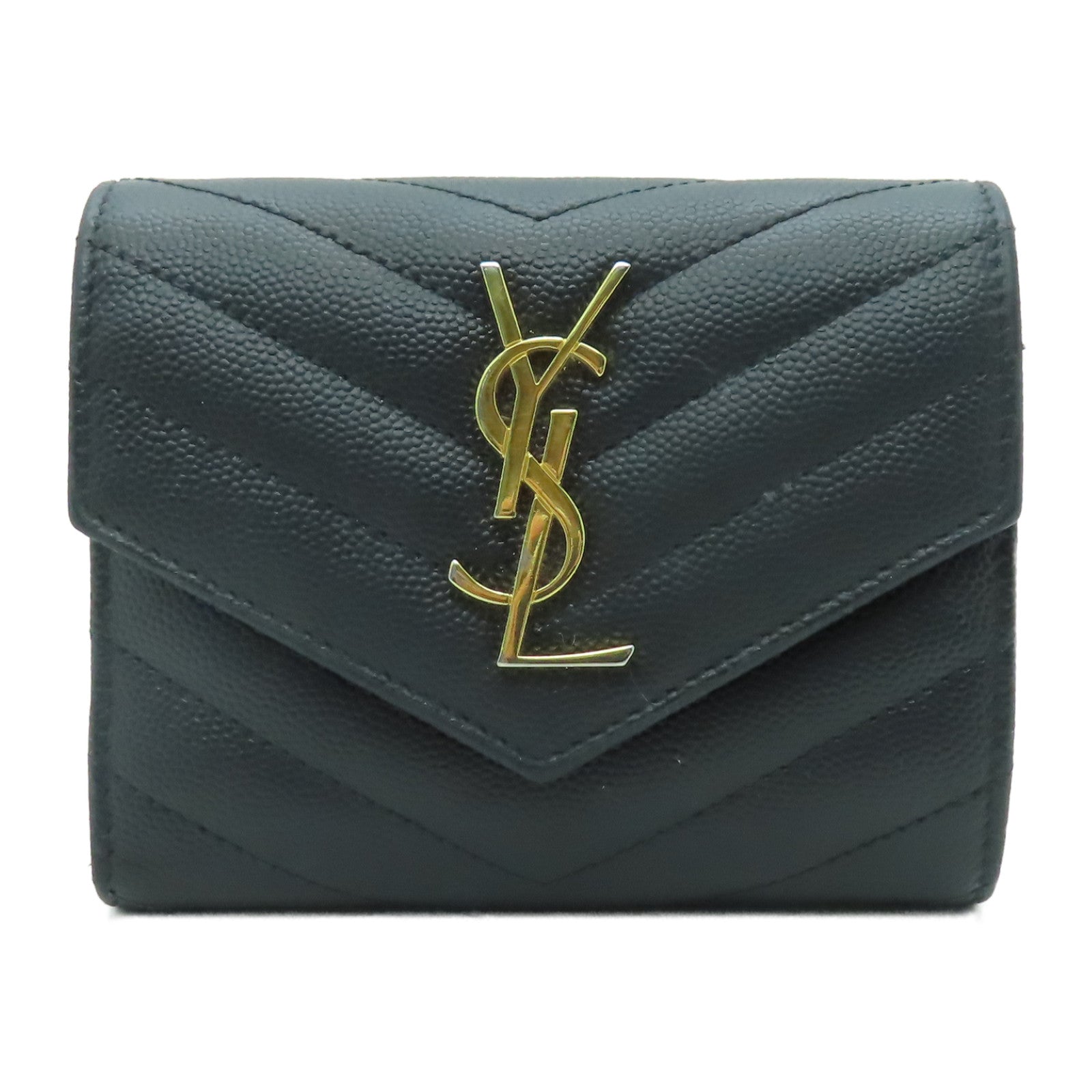 SAINT LAURENT 斜紋牛皮皮革Compact Wallet金扣錢包黑色