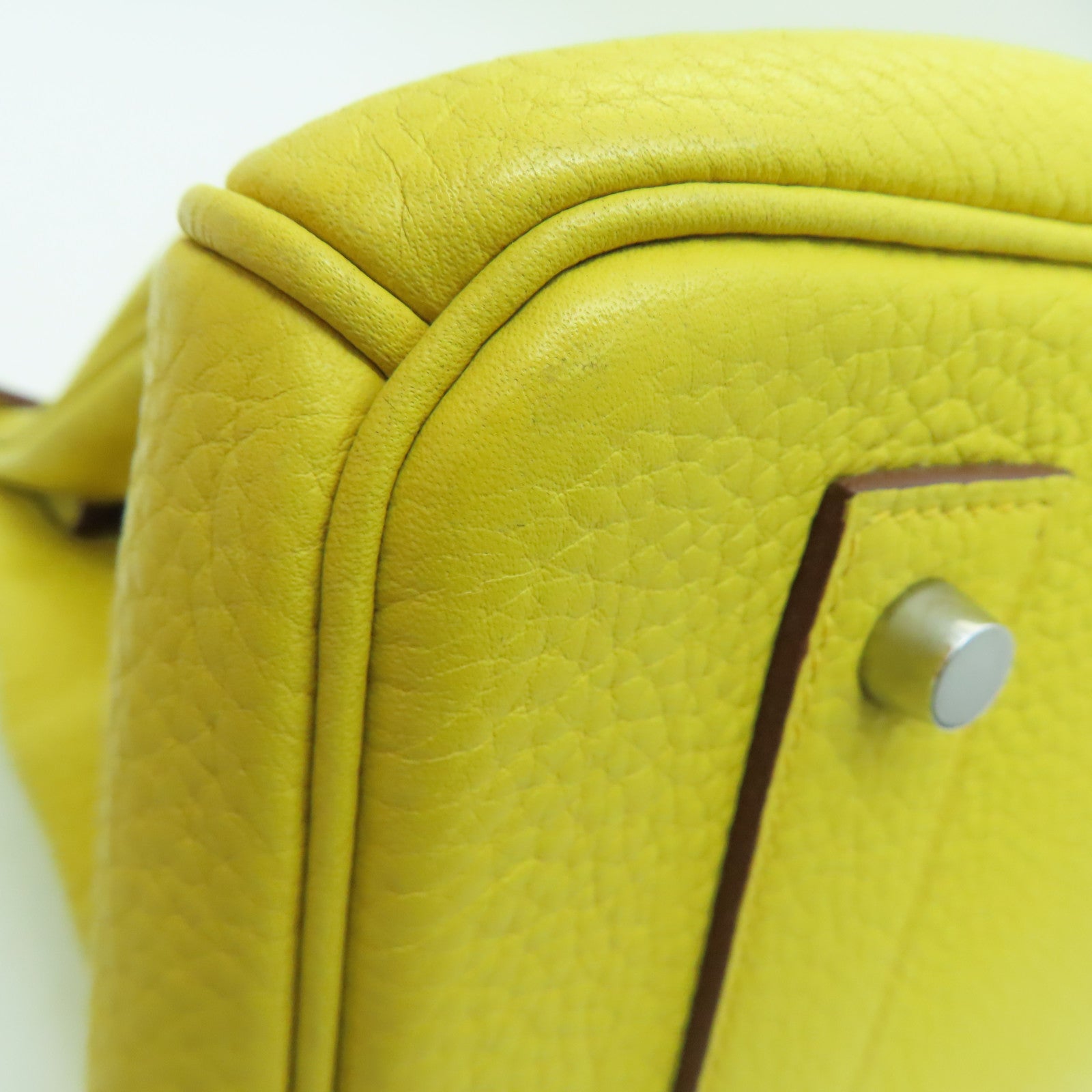 HERMES Clemence皮革Shoulder Birkin银扣手挽袋/肩背袋Jaune Ambre/黄色