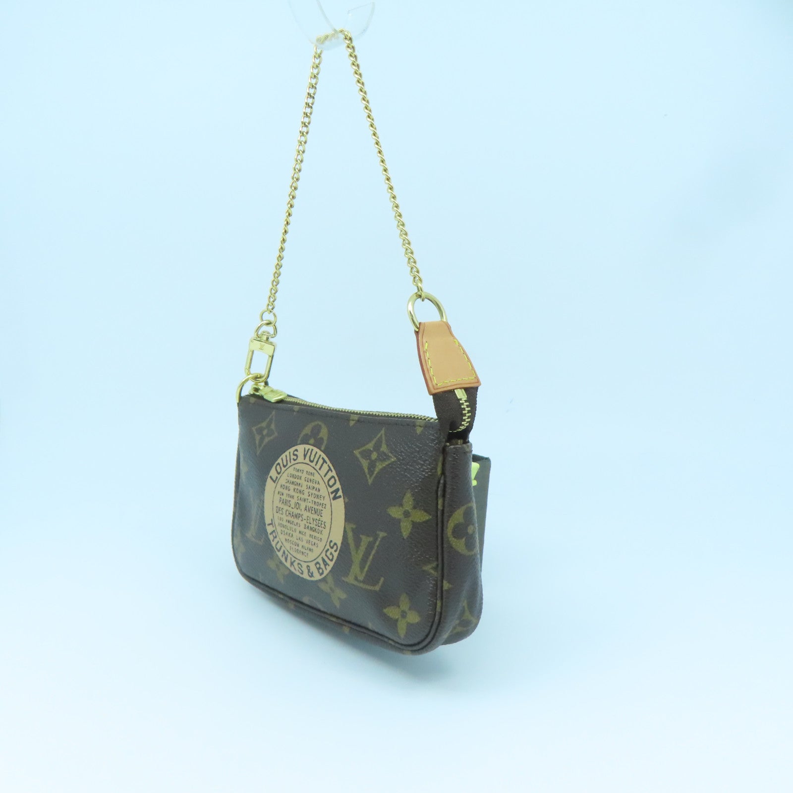 LOUIS VUITTON Monogram Mini Pochette Gold Buckle Handle Bag Brown