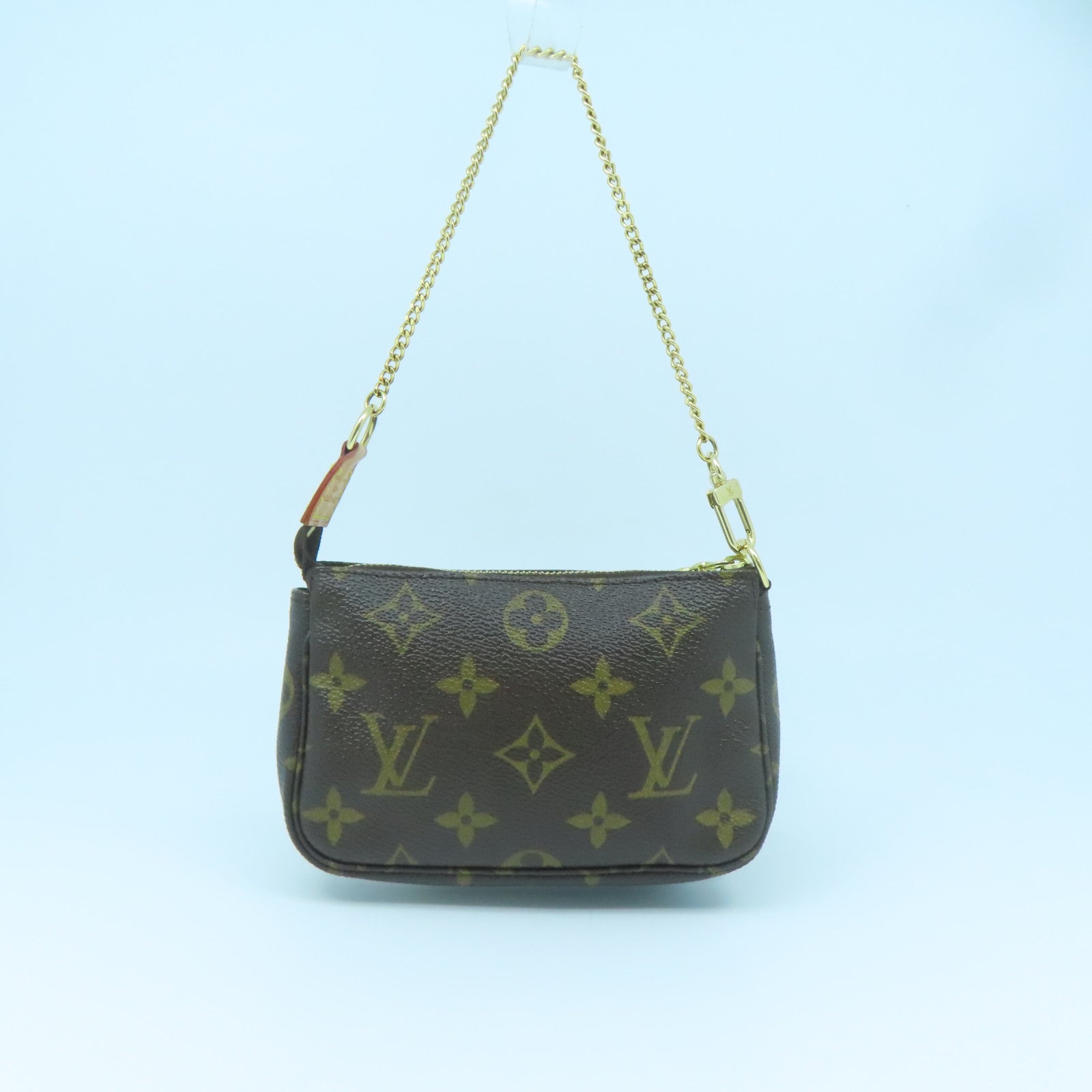 LOUIS VUITTON Monogram Mini Pochette Gold Buckle Handle Bag Brown