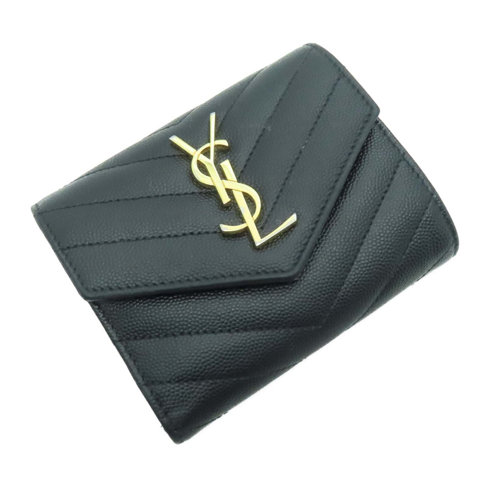 SAINT LAURENT 斜紋牛皮皮革Compact Wallet金扣錢包黑色