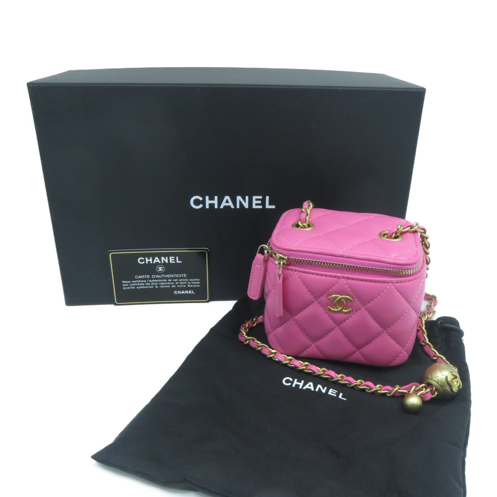 CHANEL 菱格羊皮皮革Gold Ball Mini Vanity Case金扣鏈帶肩背袋粉紅色