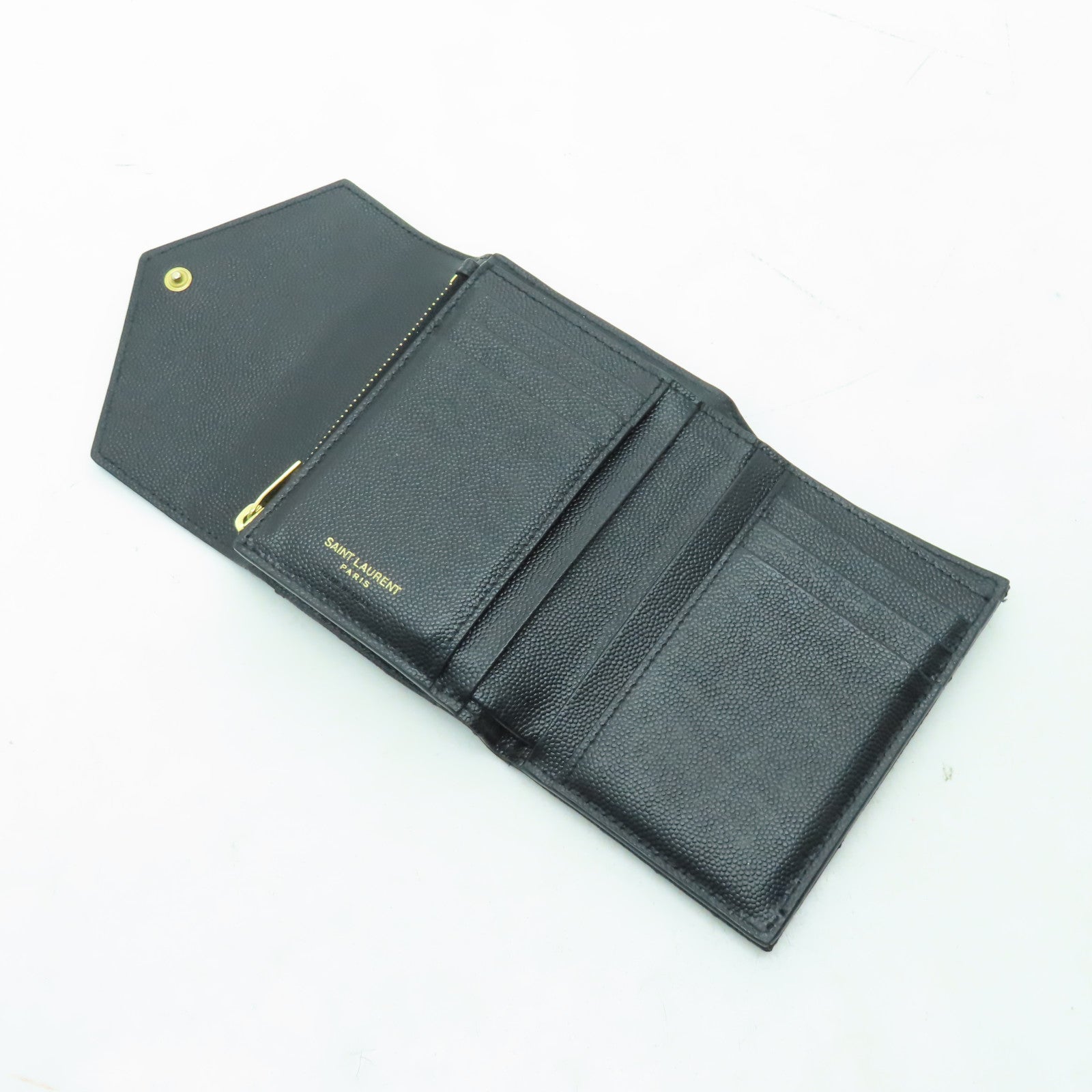 SAINT LAURENT 斜紋牛皮皮革Compact Wallet金扣錢包黑色