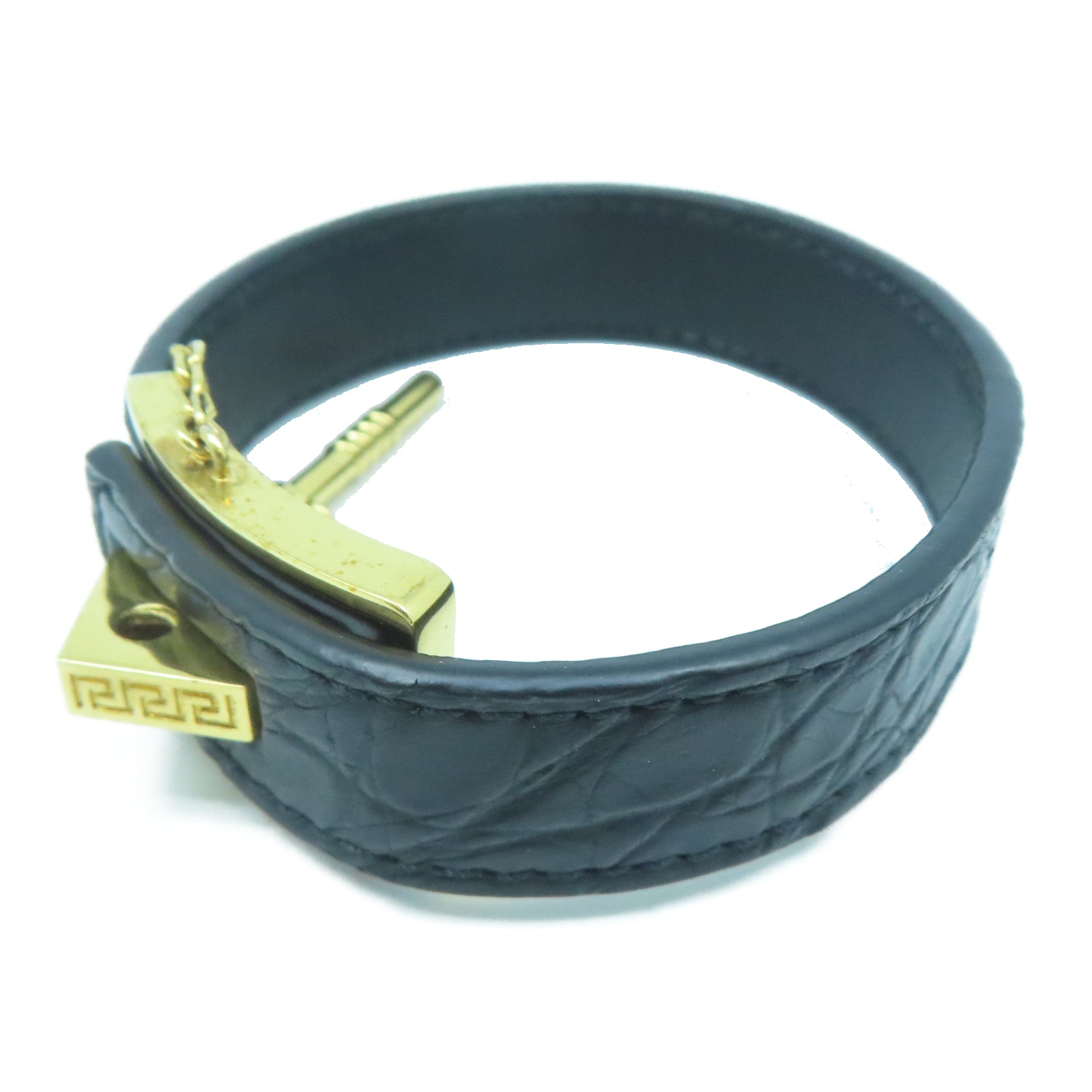 VERSACE 牛皮皮革/金屬Bracelet金扣手鐲黑色