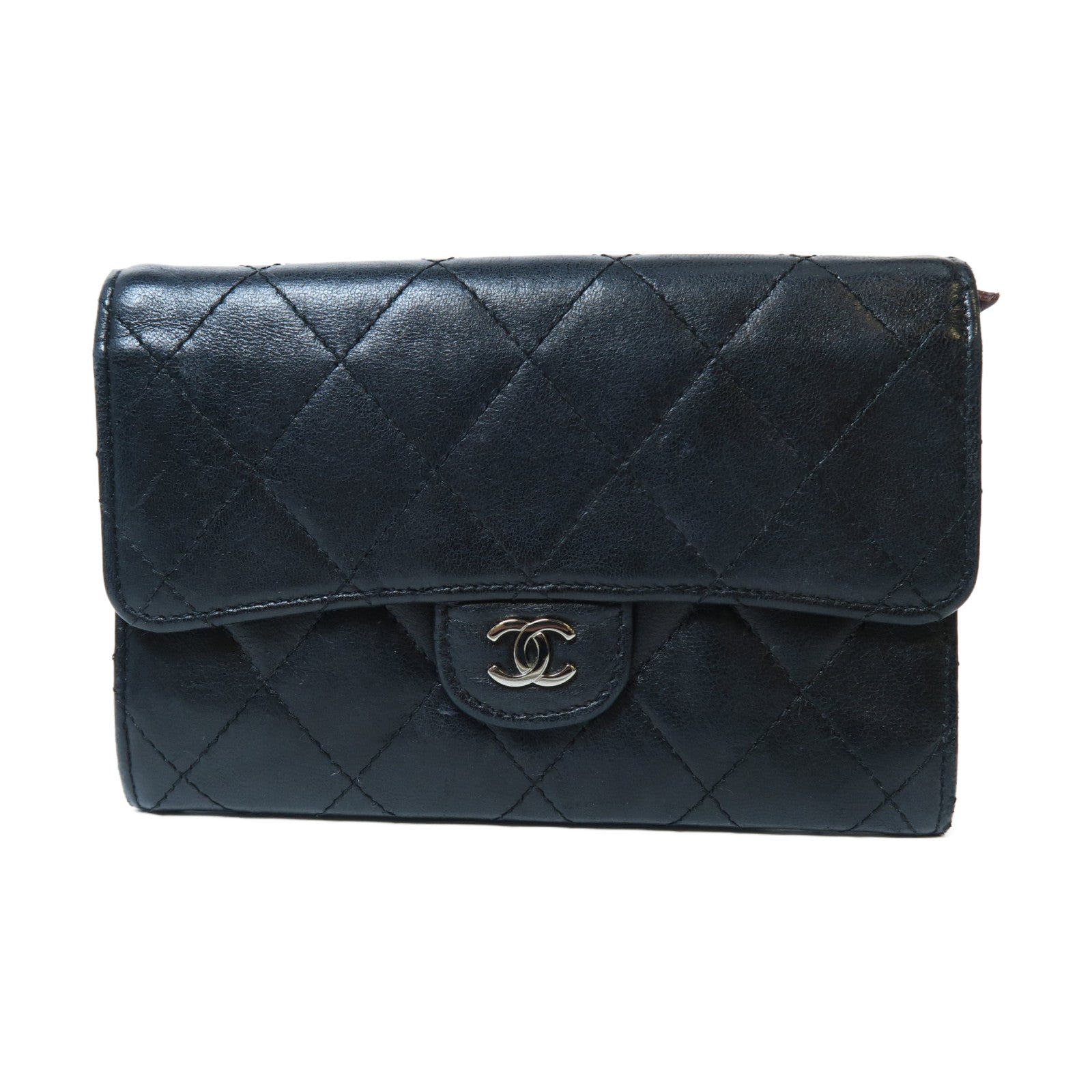CHANEL 菱格羊皮皮革Small Wallet銀扣紐扣錢包黑色