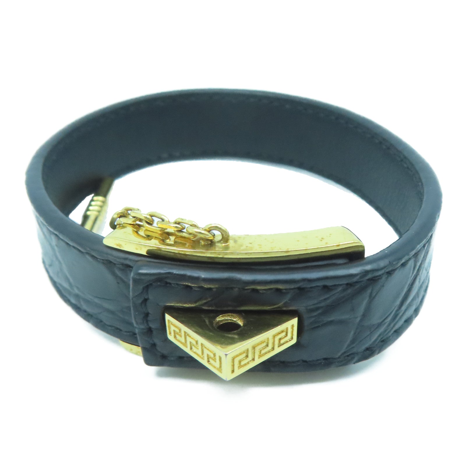 VERSACE 牛皮皮革/金屬Bracelet金扣手鐲黑色