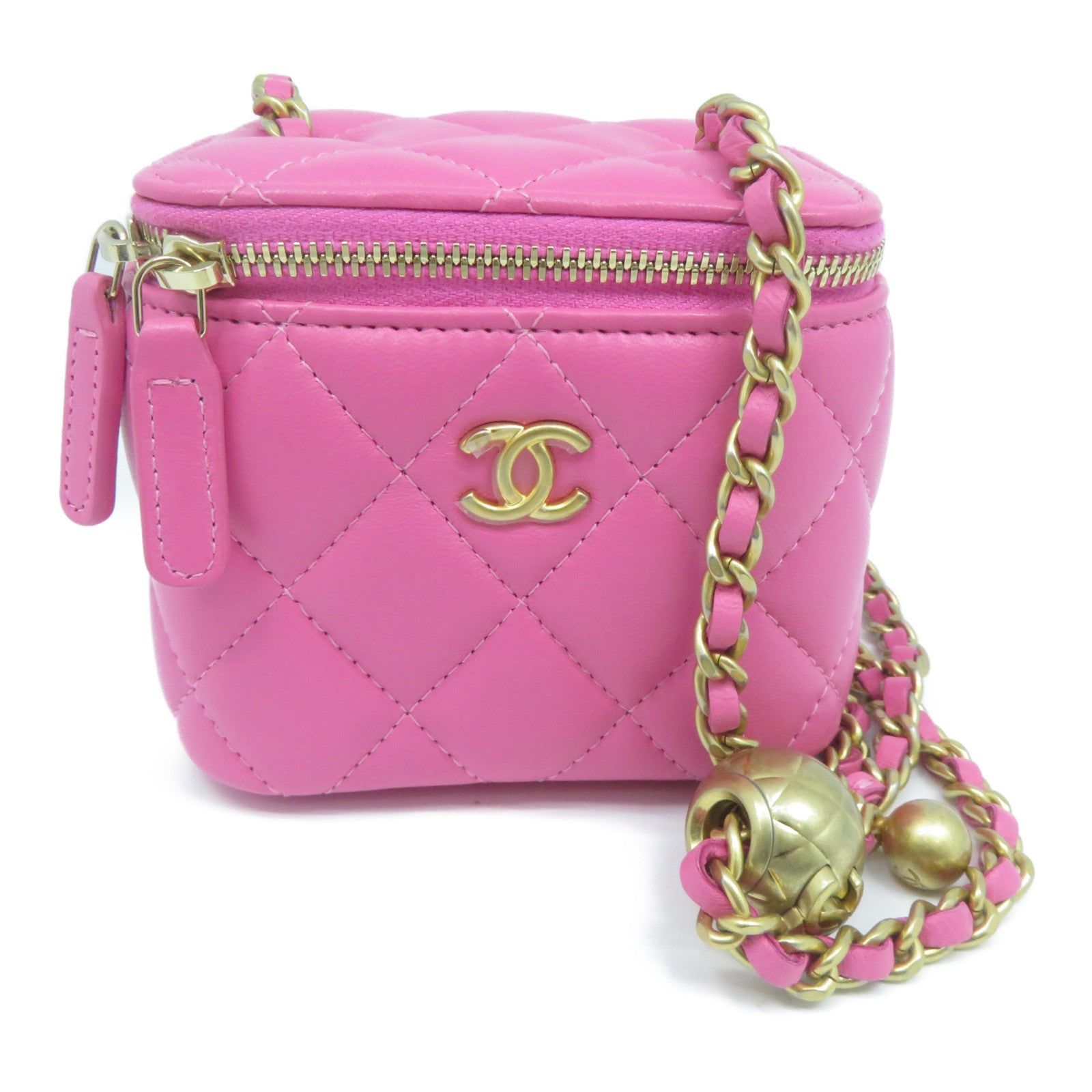 CHANEL 菱格羊皮皮革Gold Ball Mini Vanity Case金扣鏈帶肩背袋粉紅色