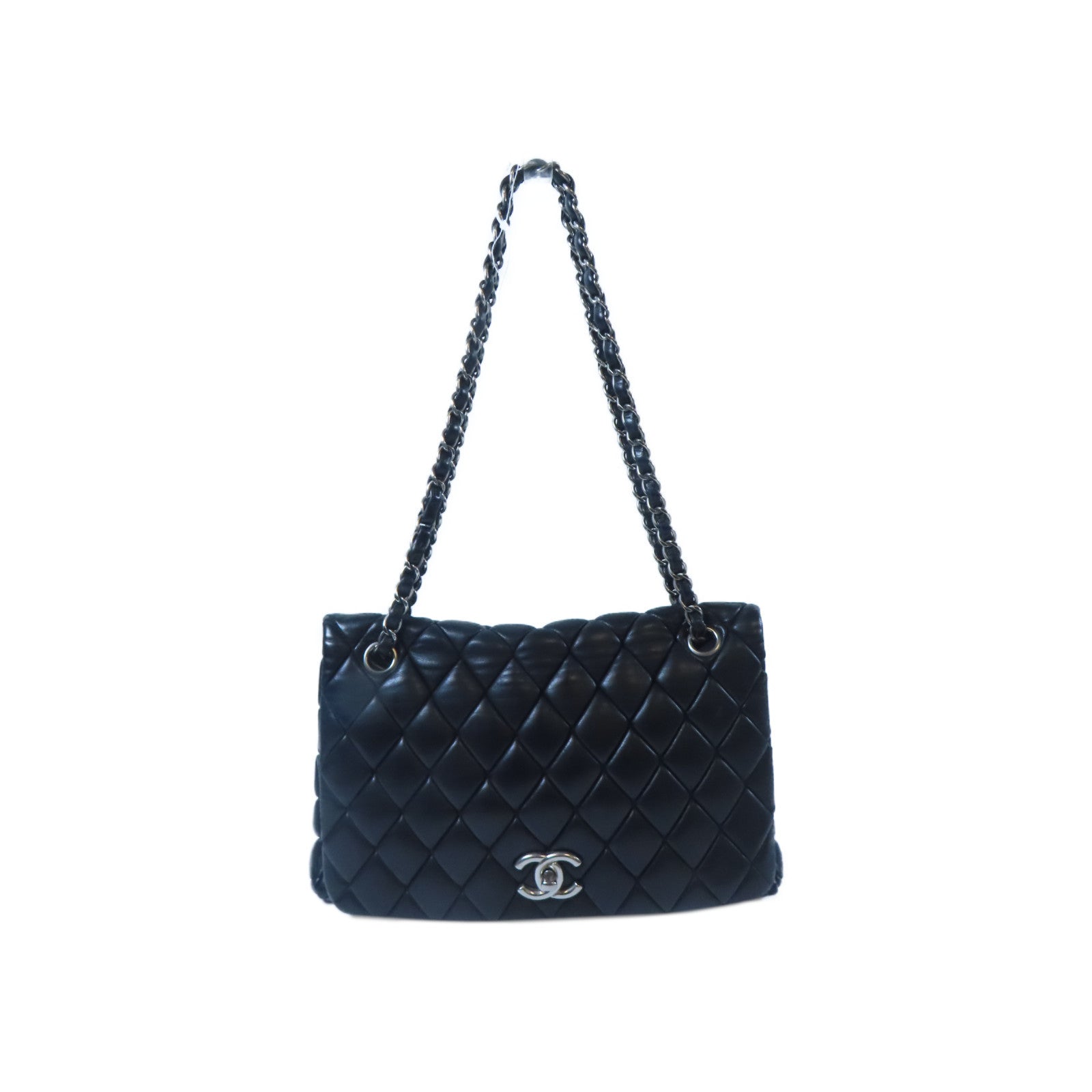 CHANEL 菱格羊皮皮革Chain Shoulder銀扣鏈帶肩背袋黑色