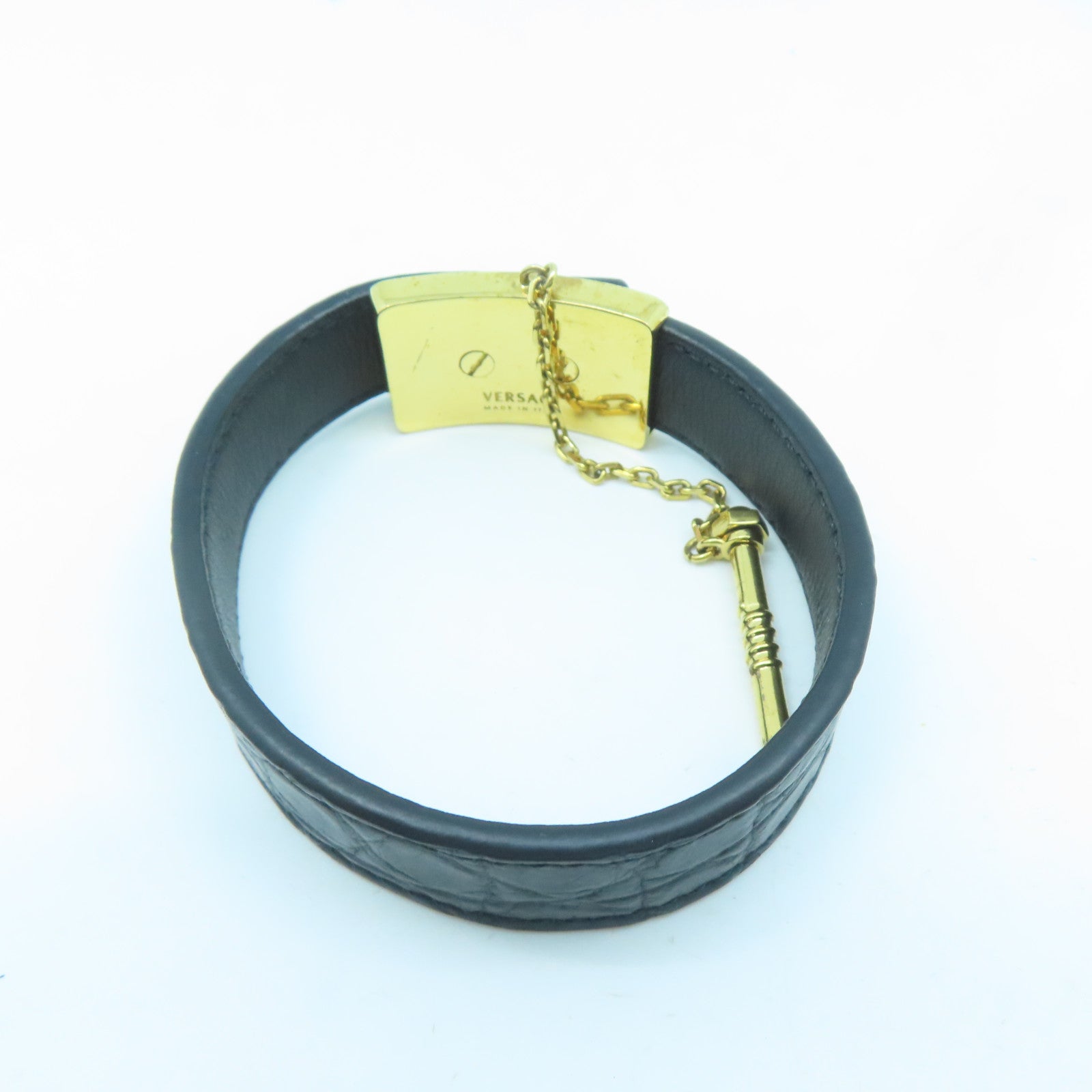 VERSACE 牛皮皮革/金屬Bracelet金扣手鐲黑色