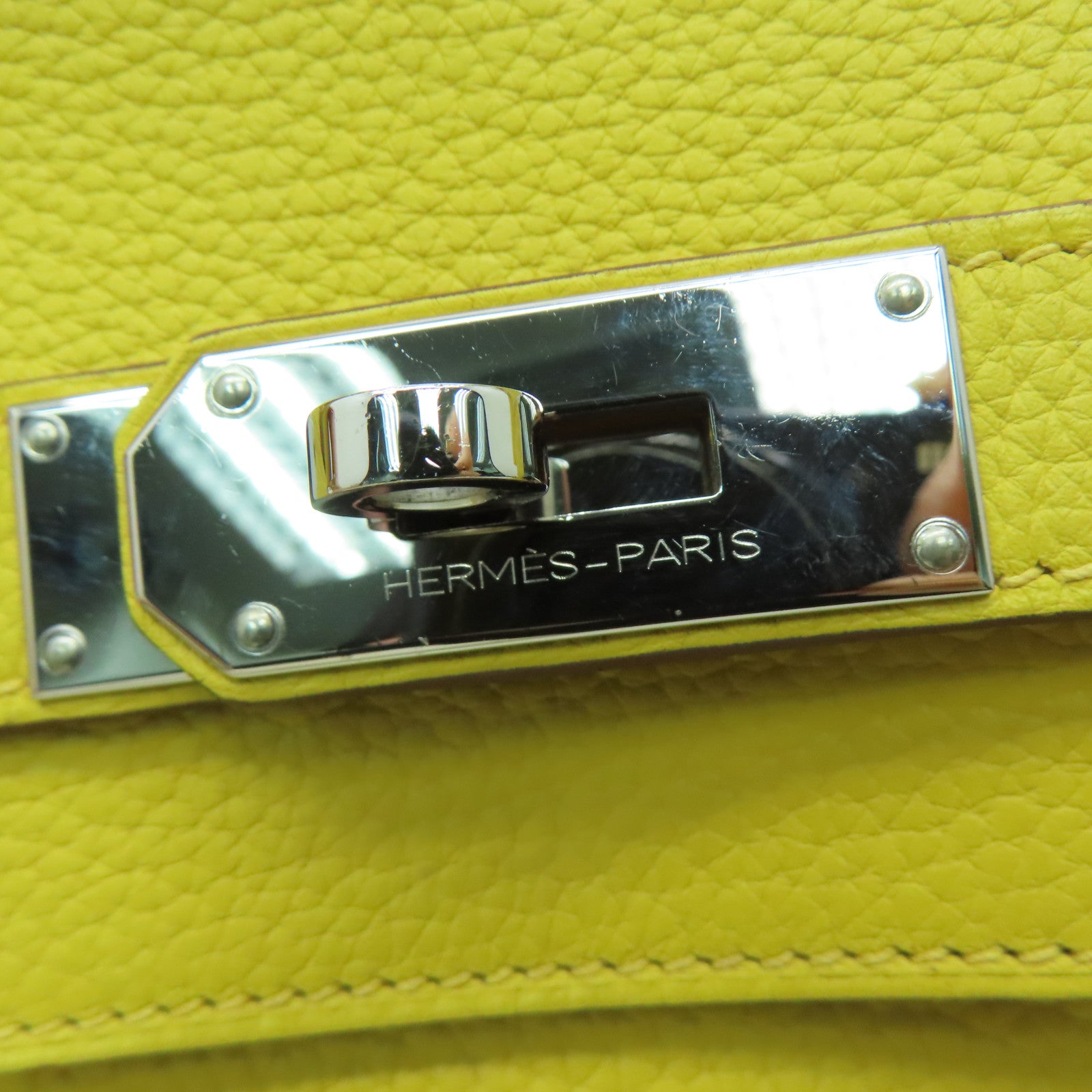 HERMES Clemence皮革Shoulder Birkin银扣手挽袋/肩背袋Jaune Ambre/黄色