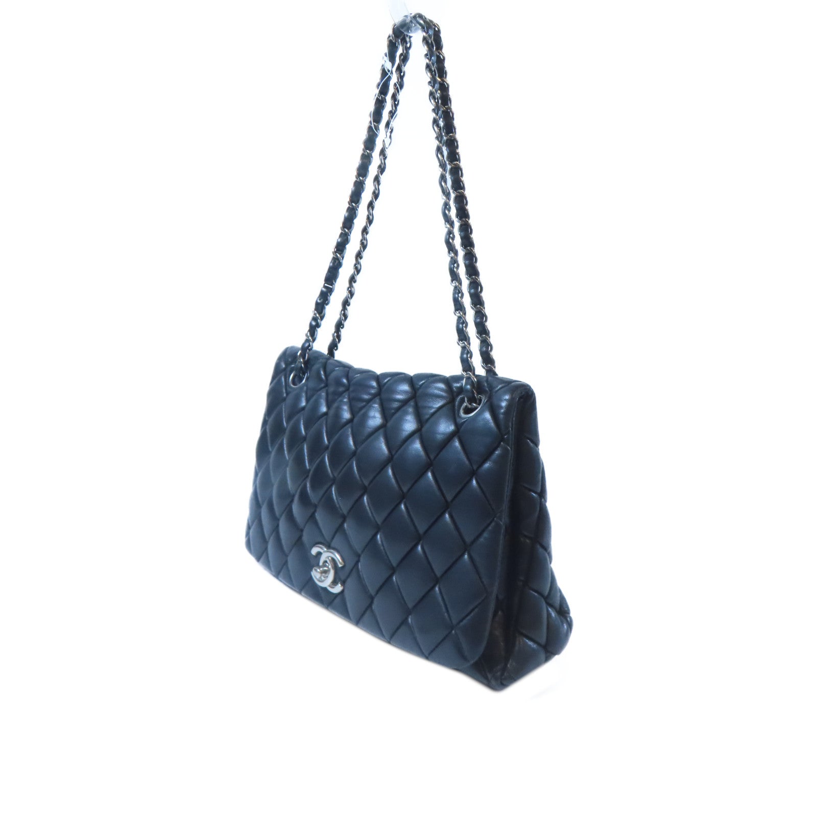 CHANEL 菱格羊皮皮革Chain Shoulder銀扣鏈帶肩背袋黑色
