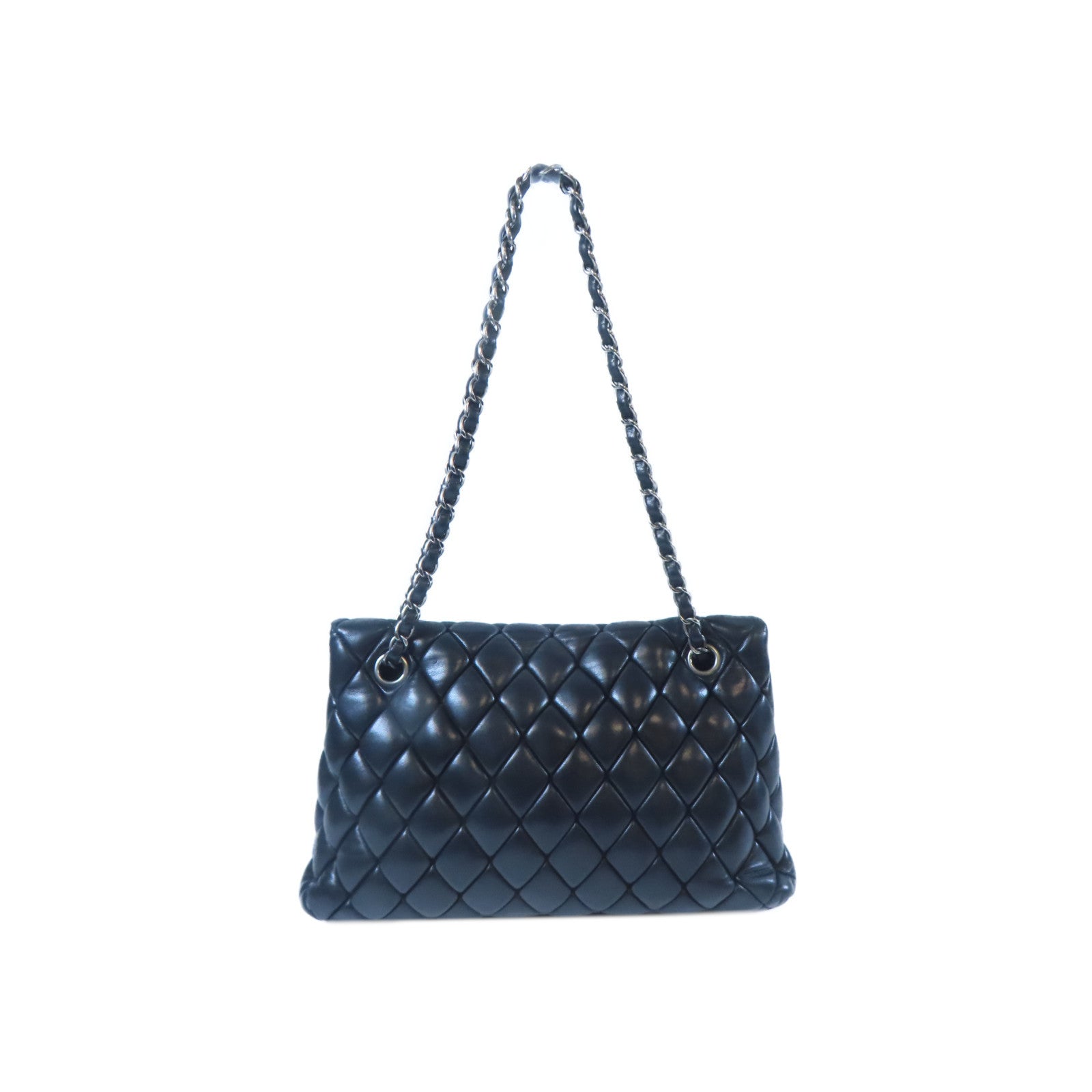CHANEL 菱格羊皮皮革Chain Shoulder銀扣鏈帶肩背袋黑色