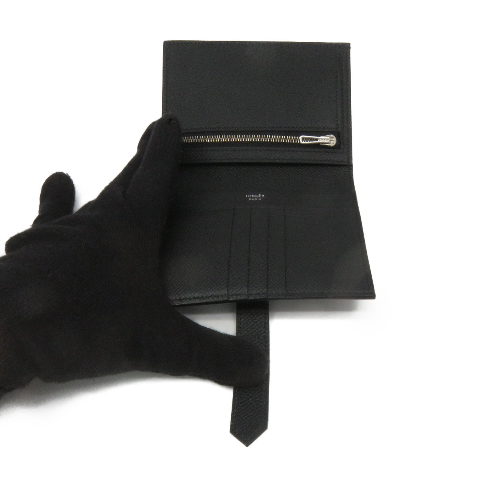 HERMES Epsom皮革Bearn Wallet銀扣短錢包黑色