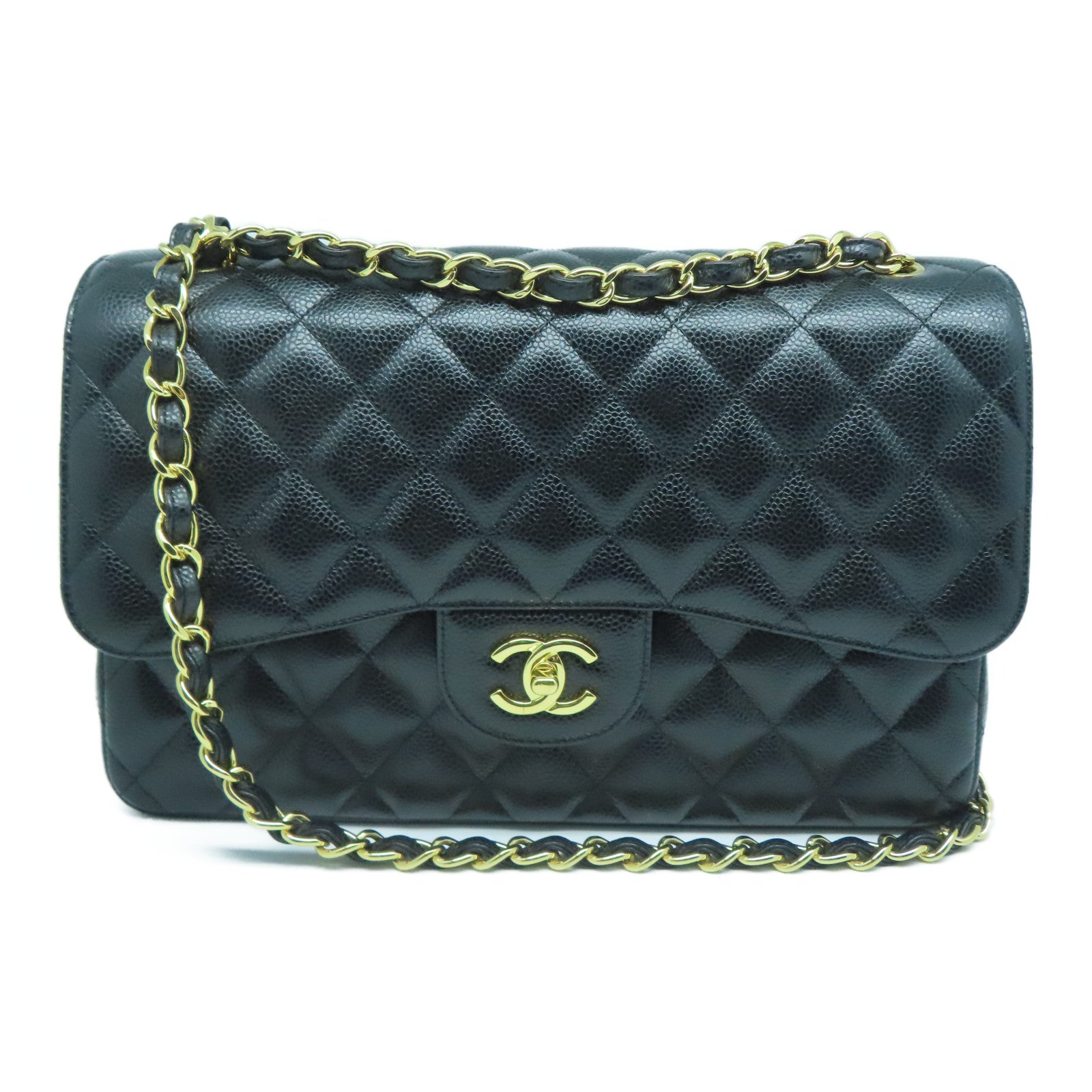 CHANEL 菱格牛皮皮革Chain Shoulder Bag金扣链带肩背袋黑色