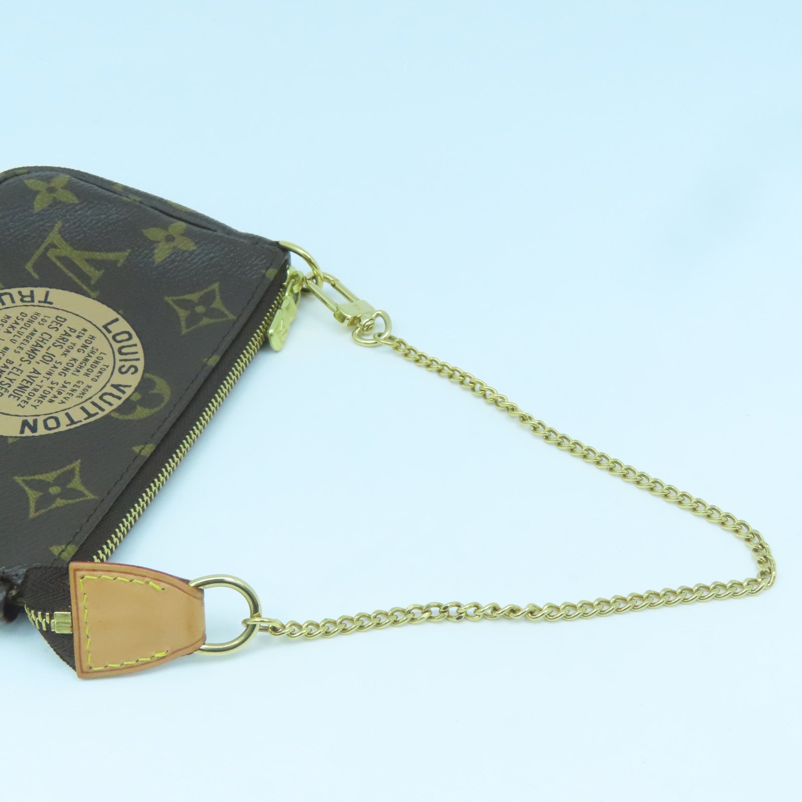 LOUIS VUITTON Monogram Mini Pochette Gold Buckle Handle Bag Brown