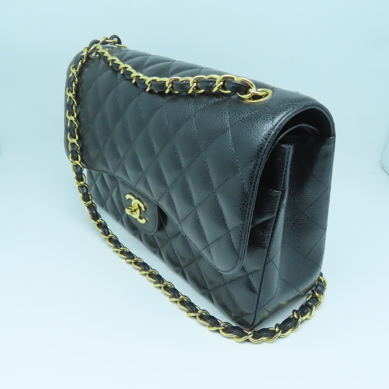 CHANEL 菱格牛皮皮革Chain Shoulder Bag金扣链带肩背袋黑色