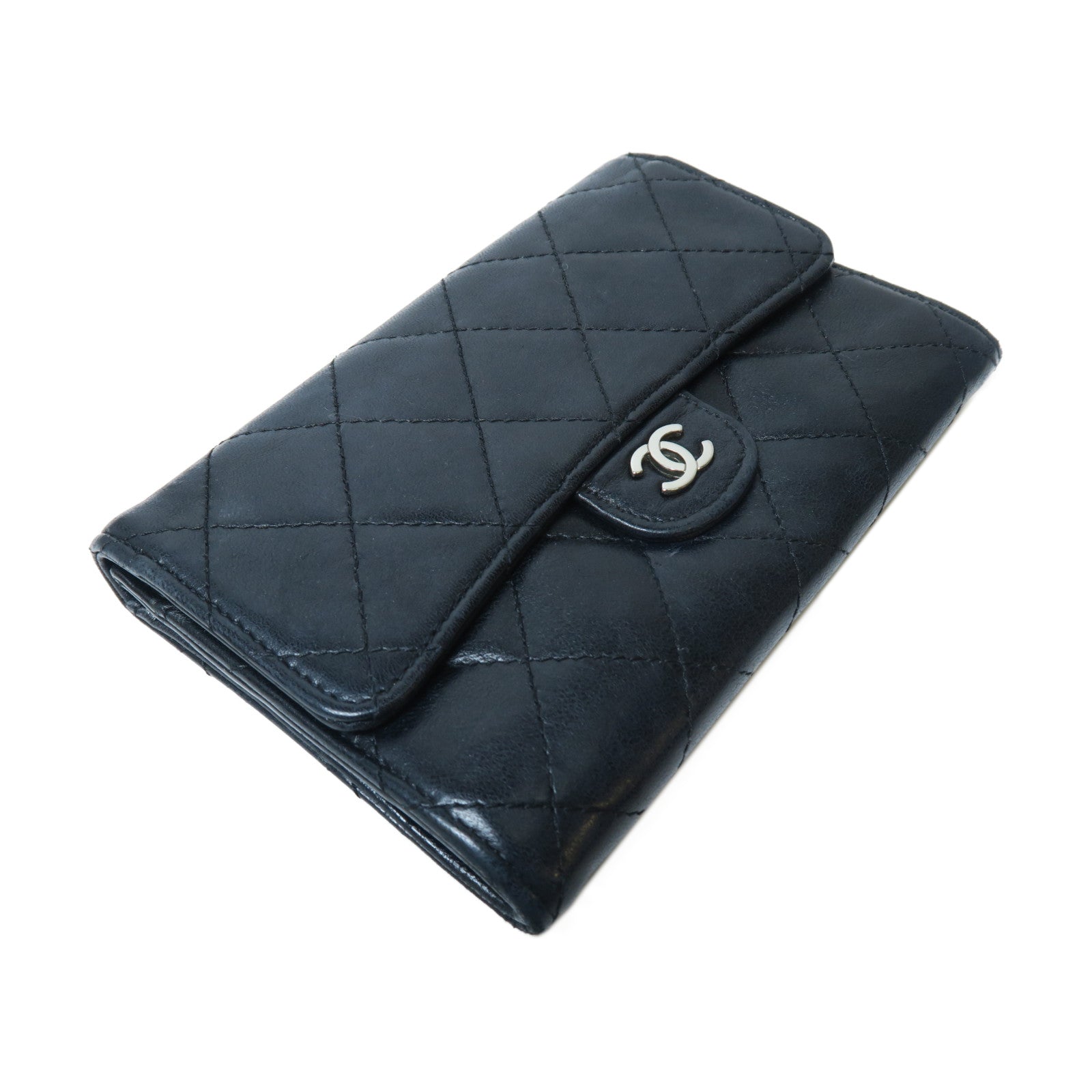CHANEL 菱格羊皮皮革Small Wallet銀扣紐扣錢包黑色