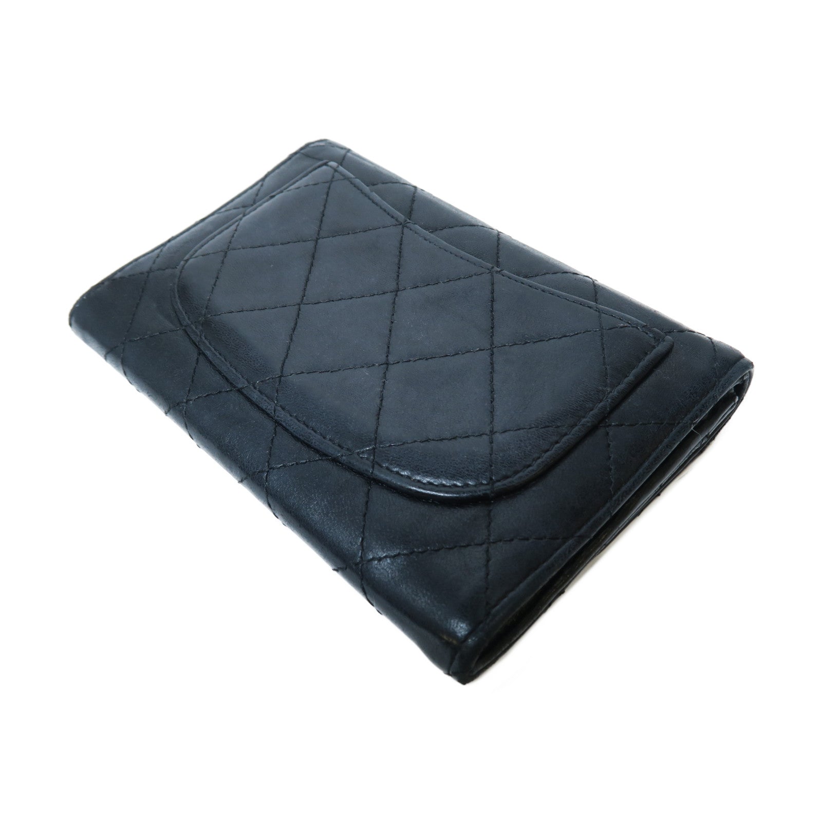 CHANEL 菱格羊皮皮革Small Wallet銀扣紐扣錢包黑色