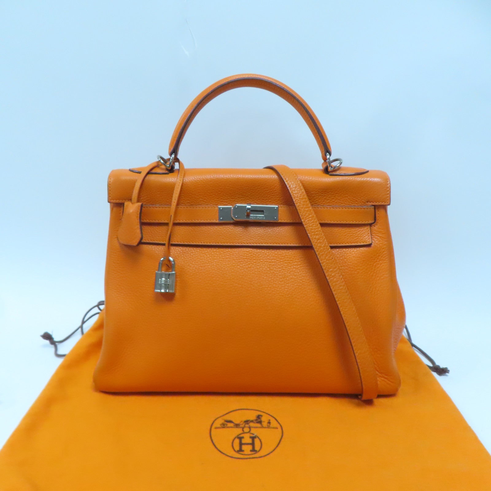 HERMES Clemence皮革Kelly 32銀扣手挽肩背兩用袋橙色