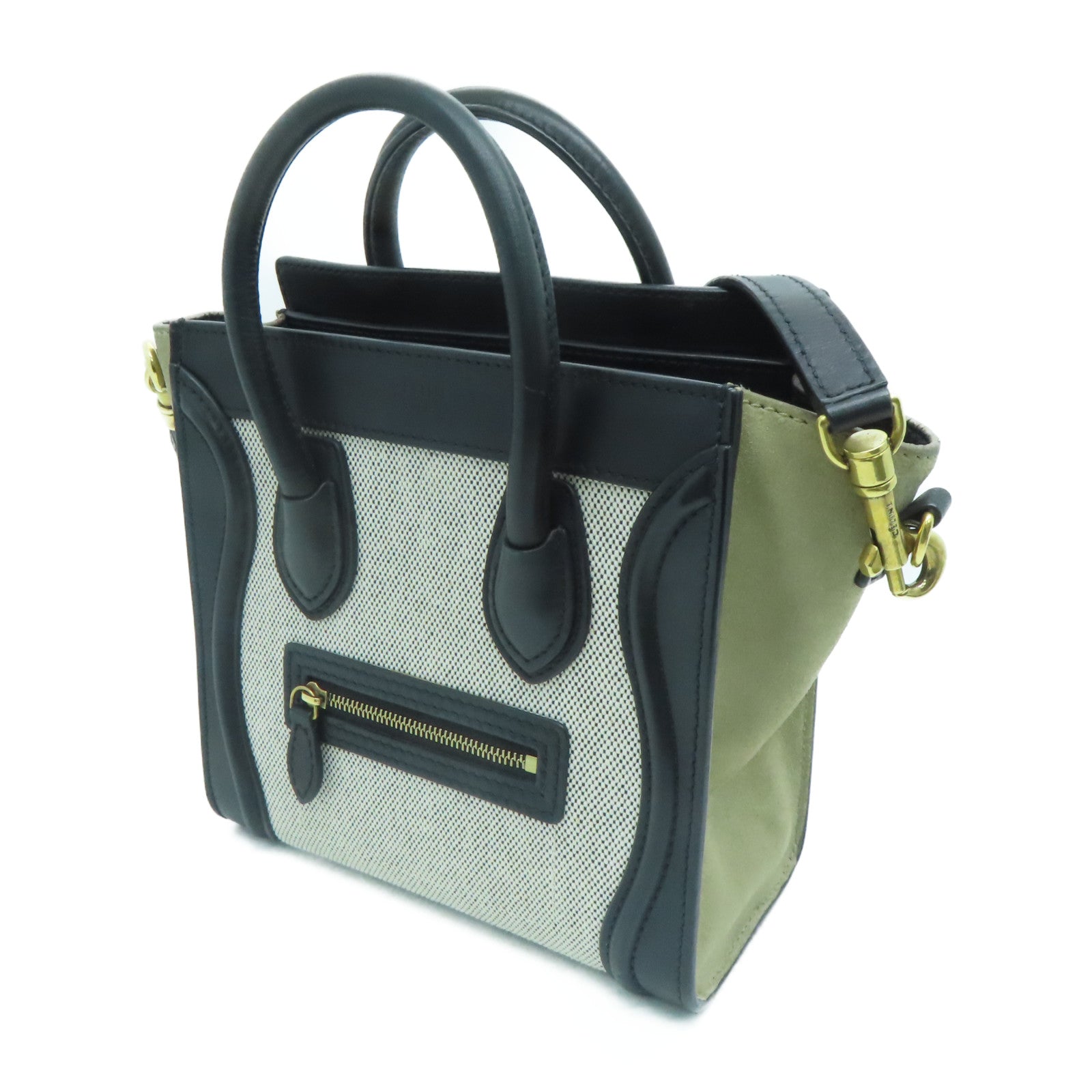 CELINE 牛皮皮革/帆布Nano Luggage 2 Way Shoulder 金扣手挽肩背两用袋黑色