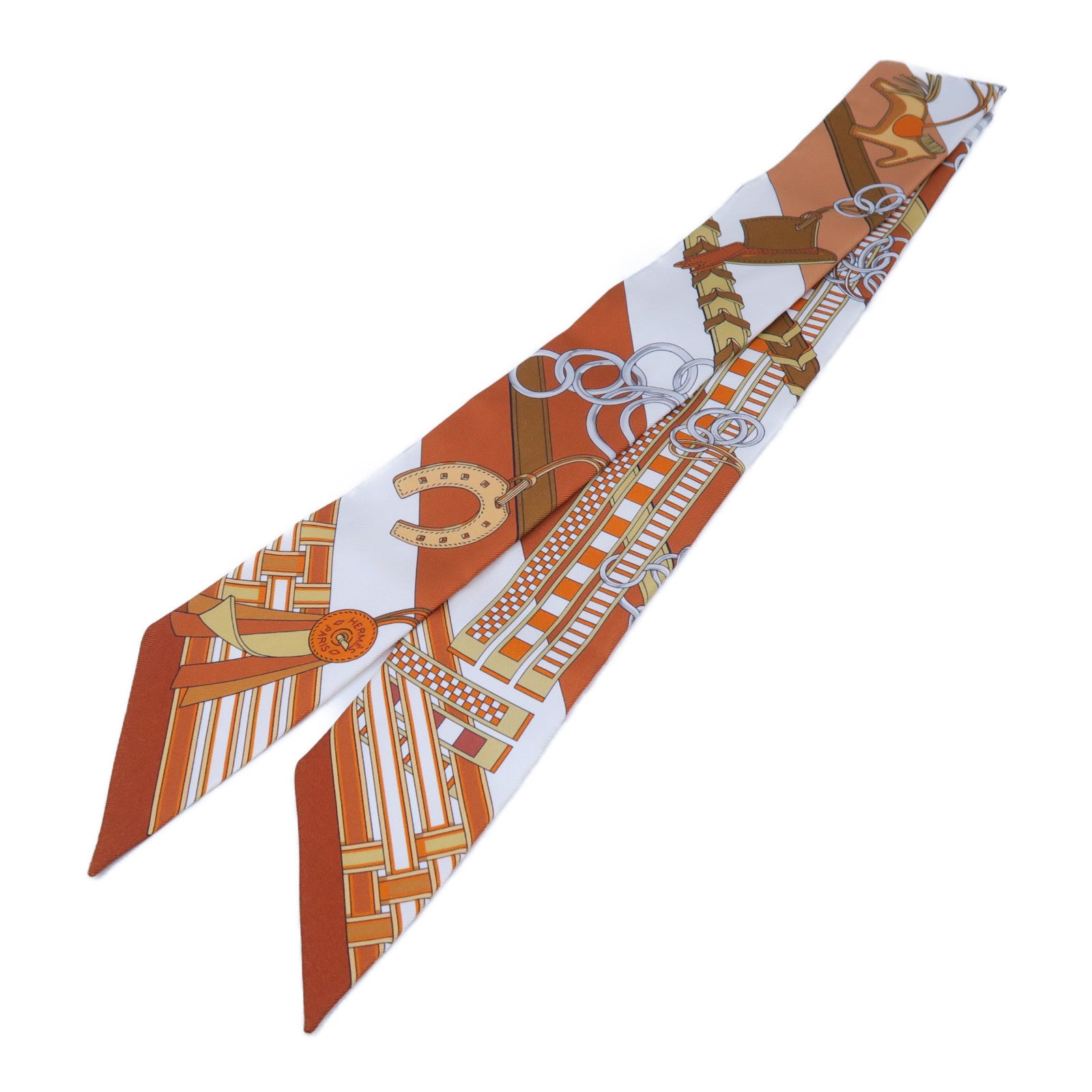 HERMES 絲質Twilly Scarf絲巾啡色/橙色/白色