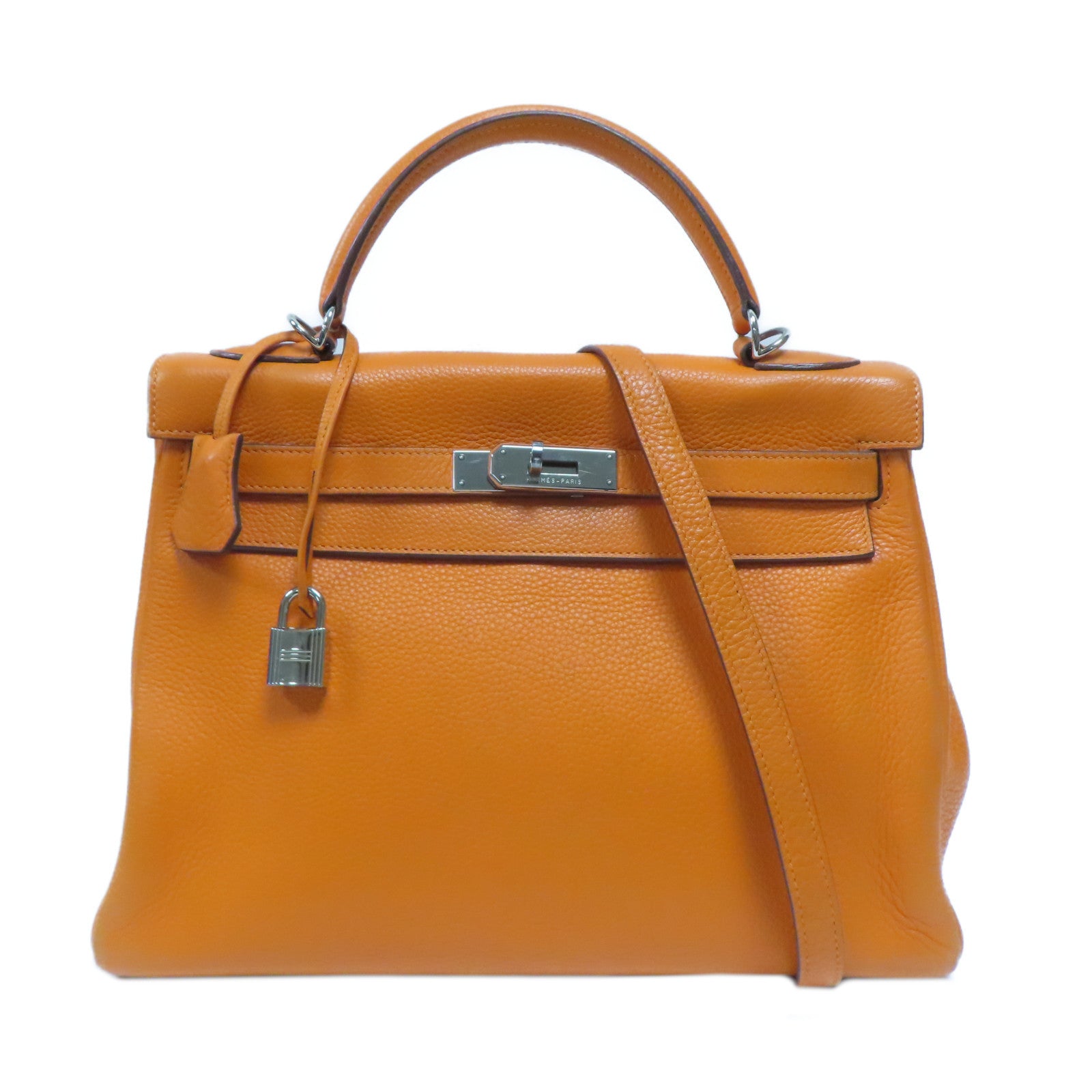 HERMES Clemence皮革Kelly 32銀扣手挽肩背兩用袋橙色