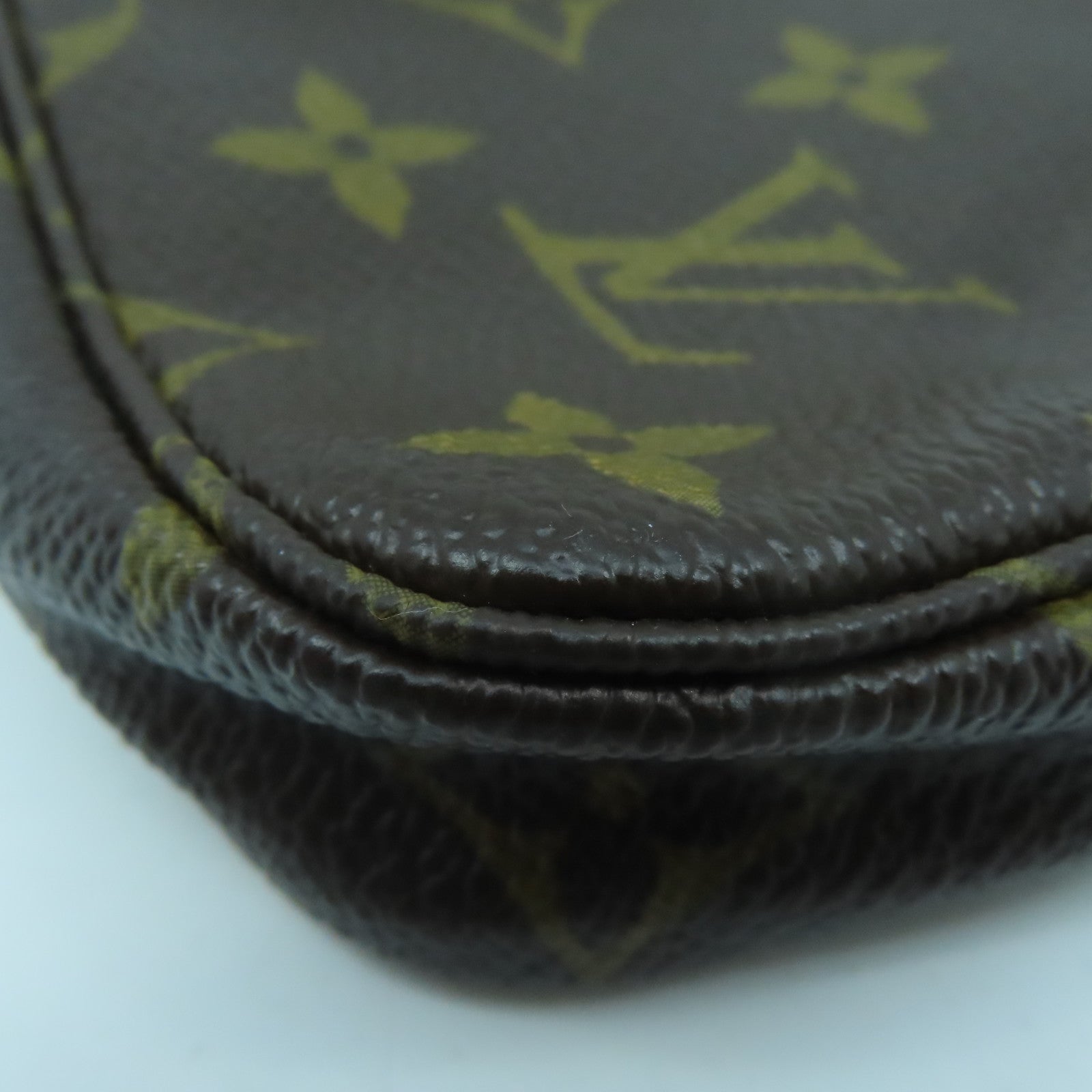 LOUIS VUITTON Monogram Mini Pochette Gold Buckle Handle Bag Brown