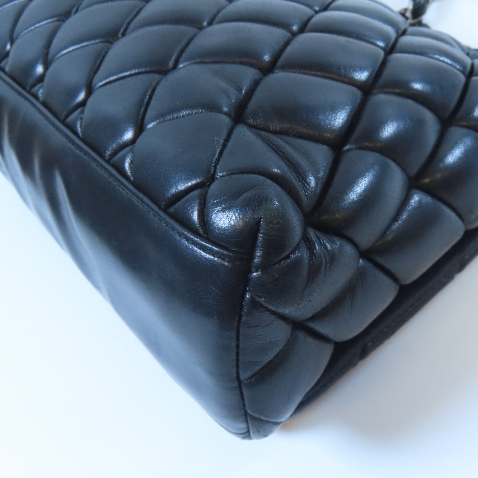 CHANEL 菱格羊皮皮革Chain Shoulder銀扣鏈帶肩背袋黑色
