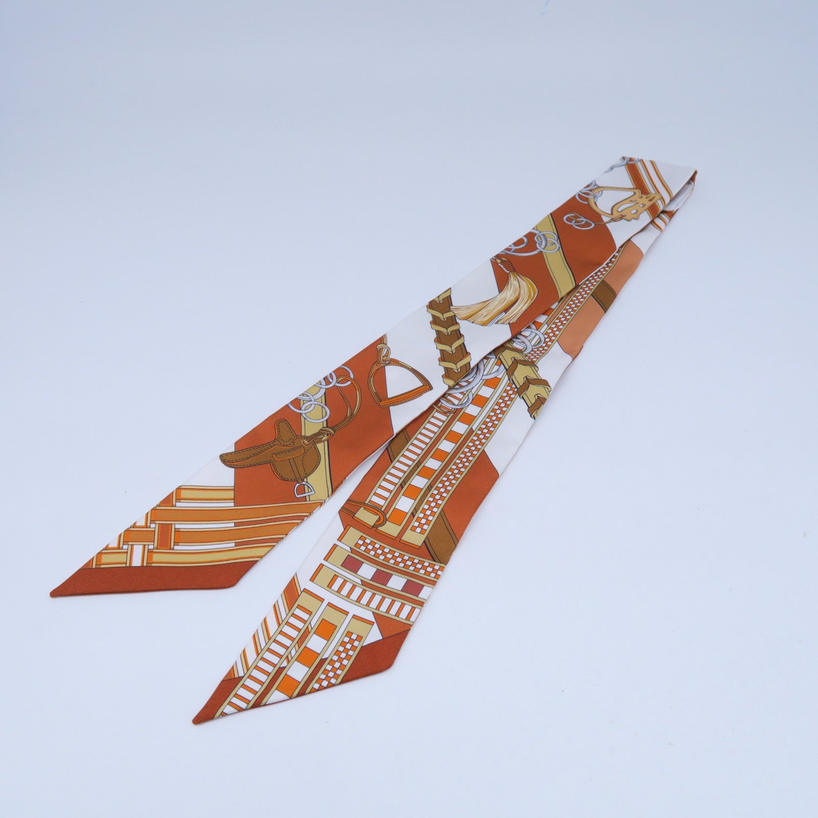 HERMES 絲質Twilly Scarf絲巾啡色/橙色/白色