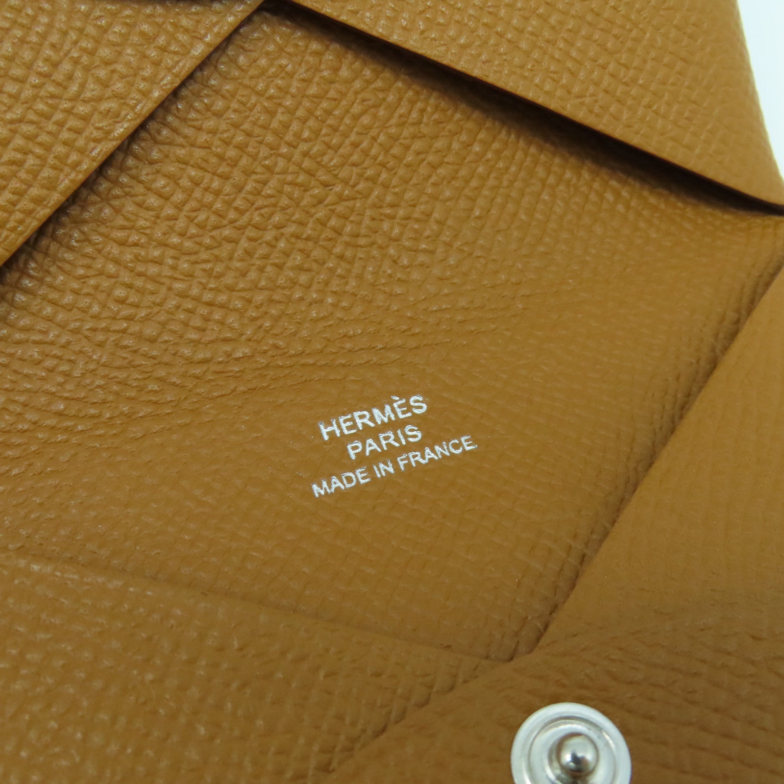 HERMES Epsom皮革Calvi銀扣卡片套Gold經典駝色