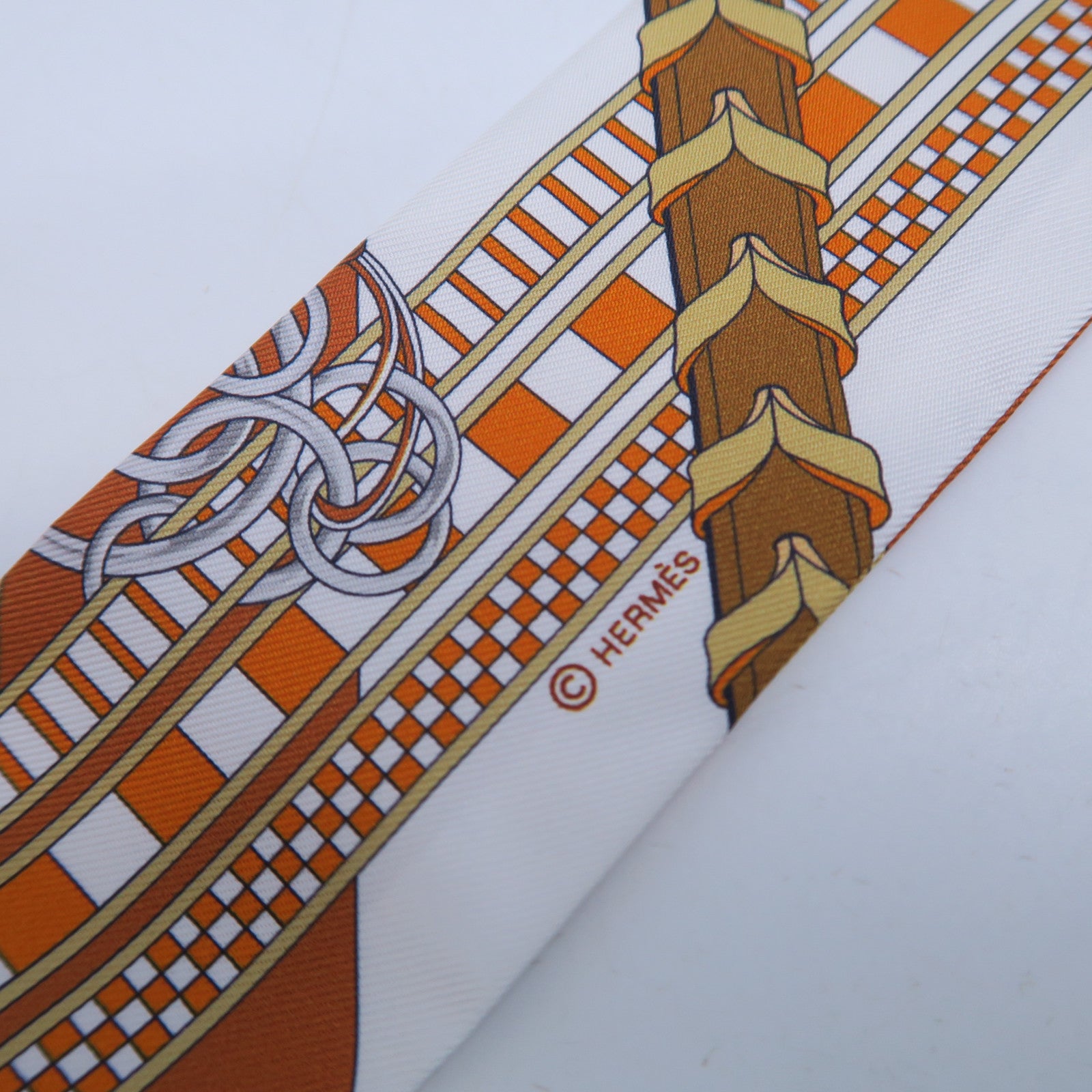 HERMES 絲質Twilly Scarf絲巾啡色/橙色/白色