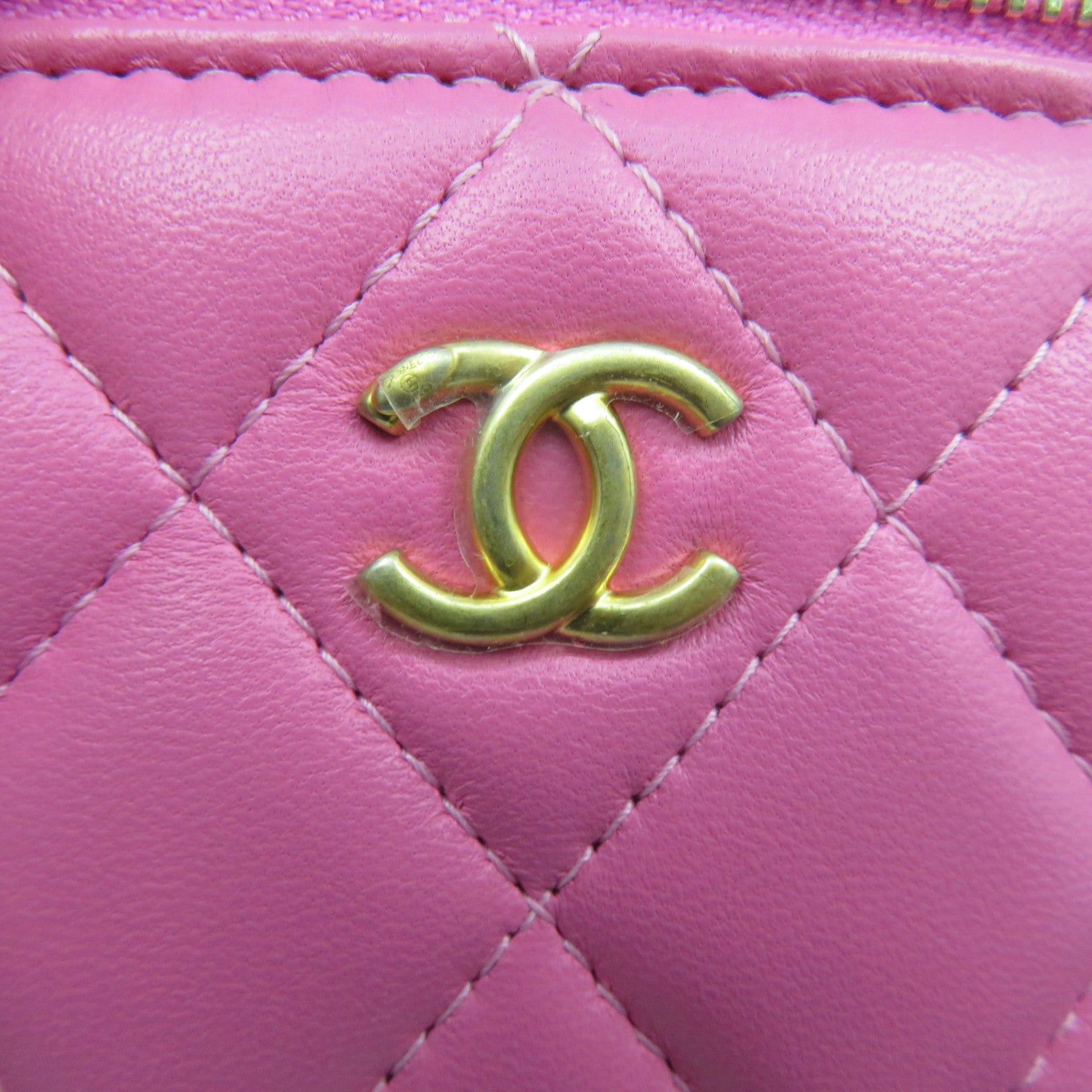 CHANEL 菱格羊皮皮革Gold Ball Mini Vanity Case金扣鏈帶肩背袋粉紅色