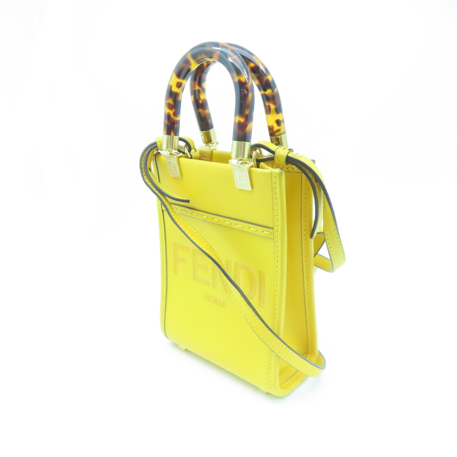 FENDI 牛皮皮革Mini Sunshine金扣肩背袋黃色