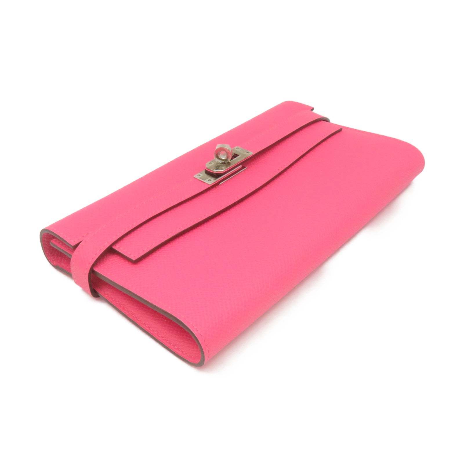 HERMES Epsom皮革Kelly Wallet銀扣長錢包粉紅色