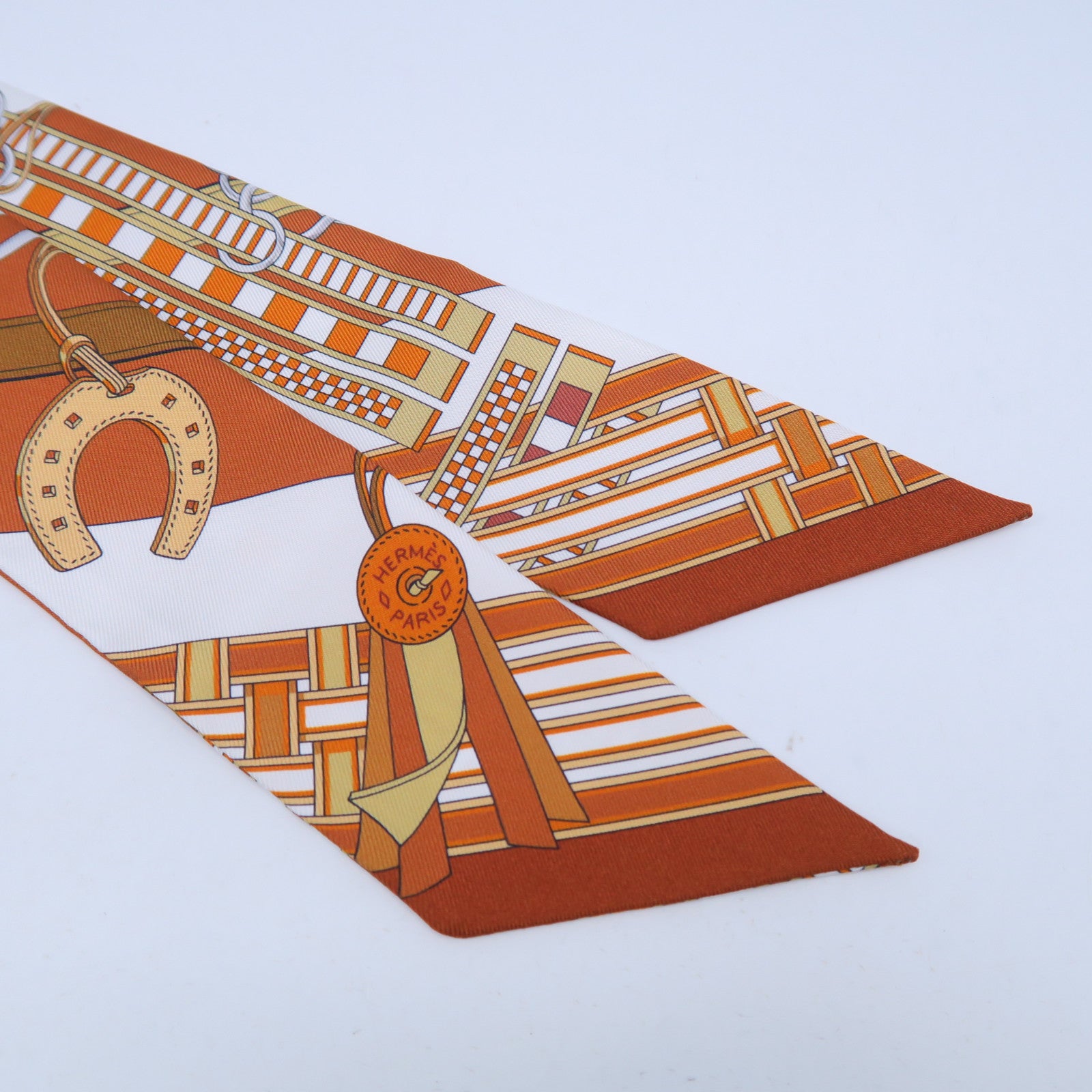 HERMES 絲質Twilly Scarf絲巾啡色/橙色/白色
