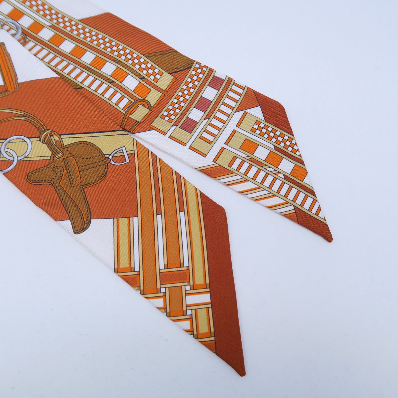 HERMES 絲質Twilly Scarf絲巾啡色/橙色/白色