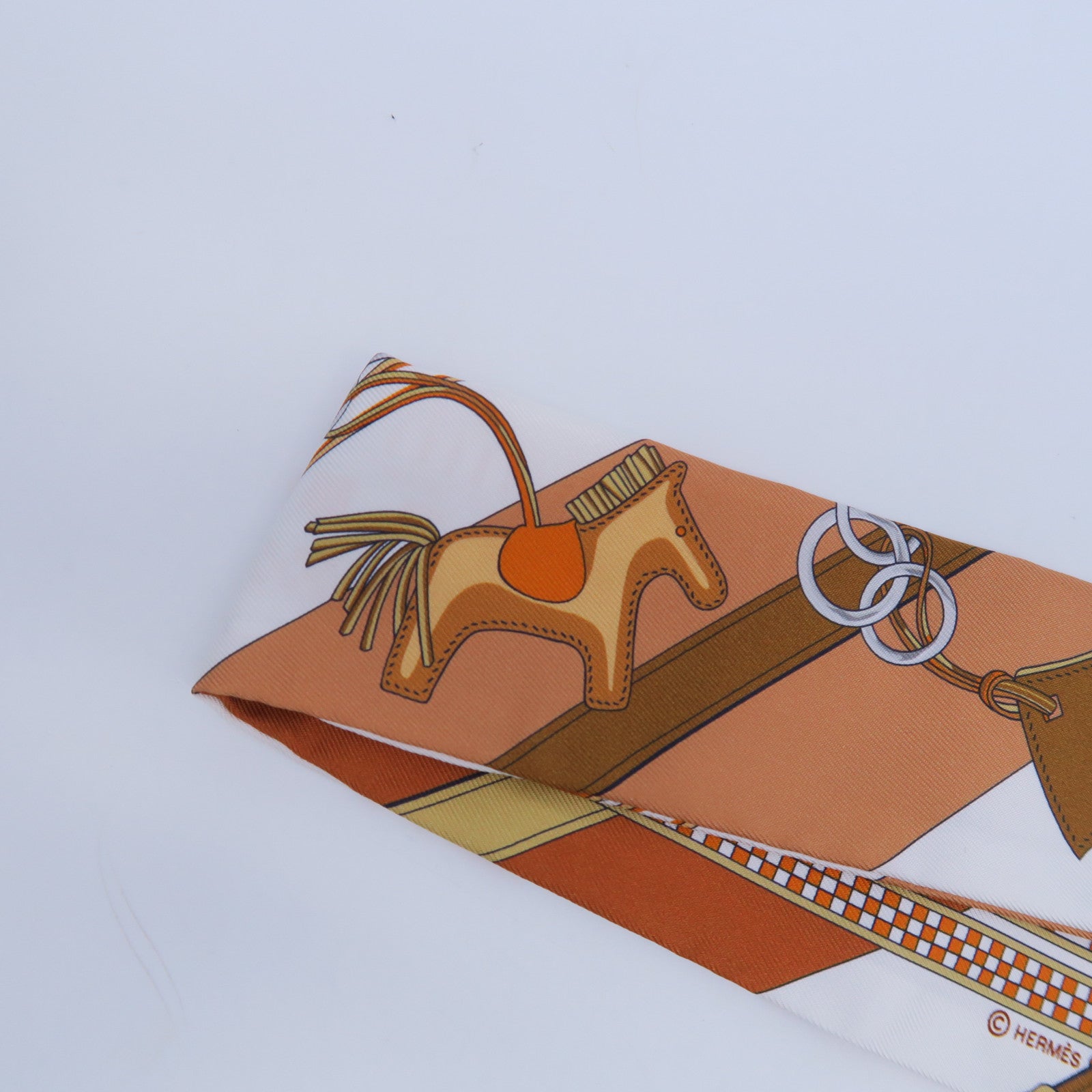 HERMES 絲質Twilly Scarf絲巾啡色/橙色/白色