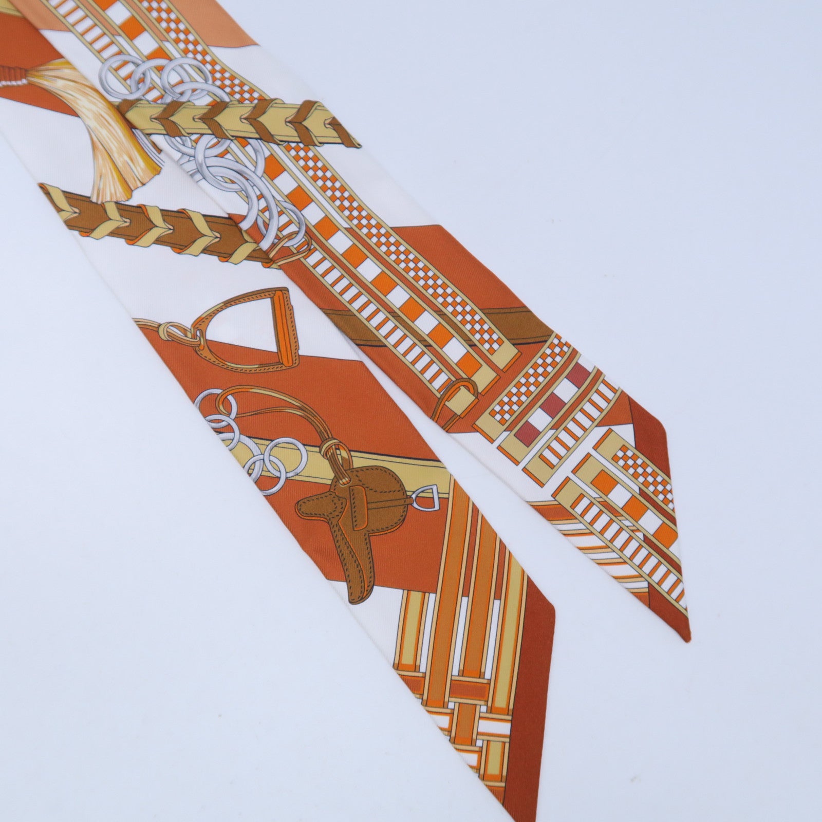HERMES 絲質Twilly Scarf絲巾啡色/橙色/白色