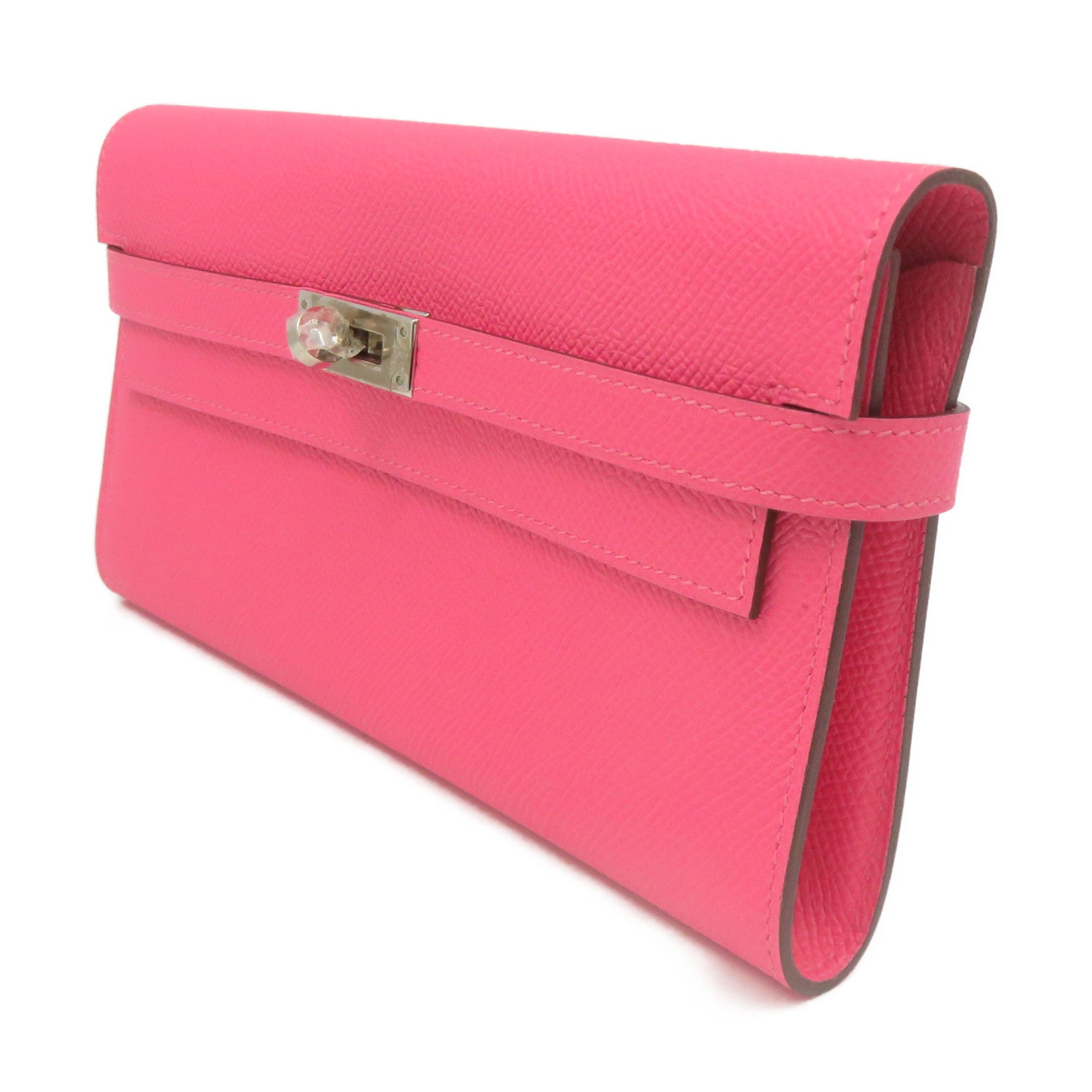 HERMES Epsom皮革Kelly Wallet銀扣長錢包粉紅色