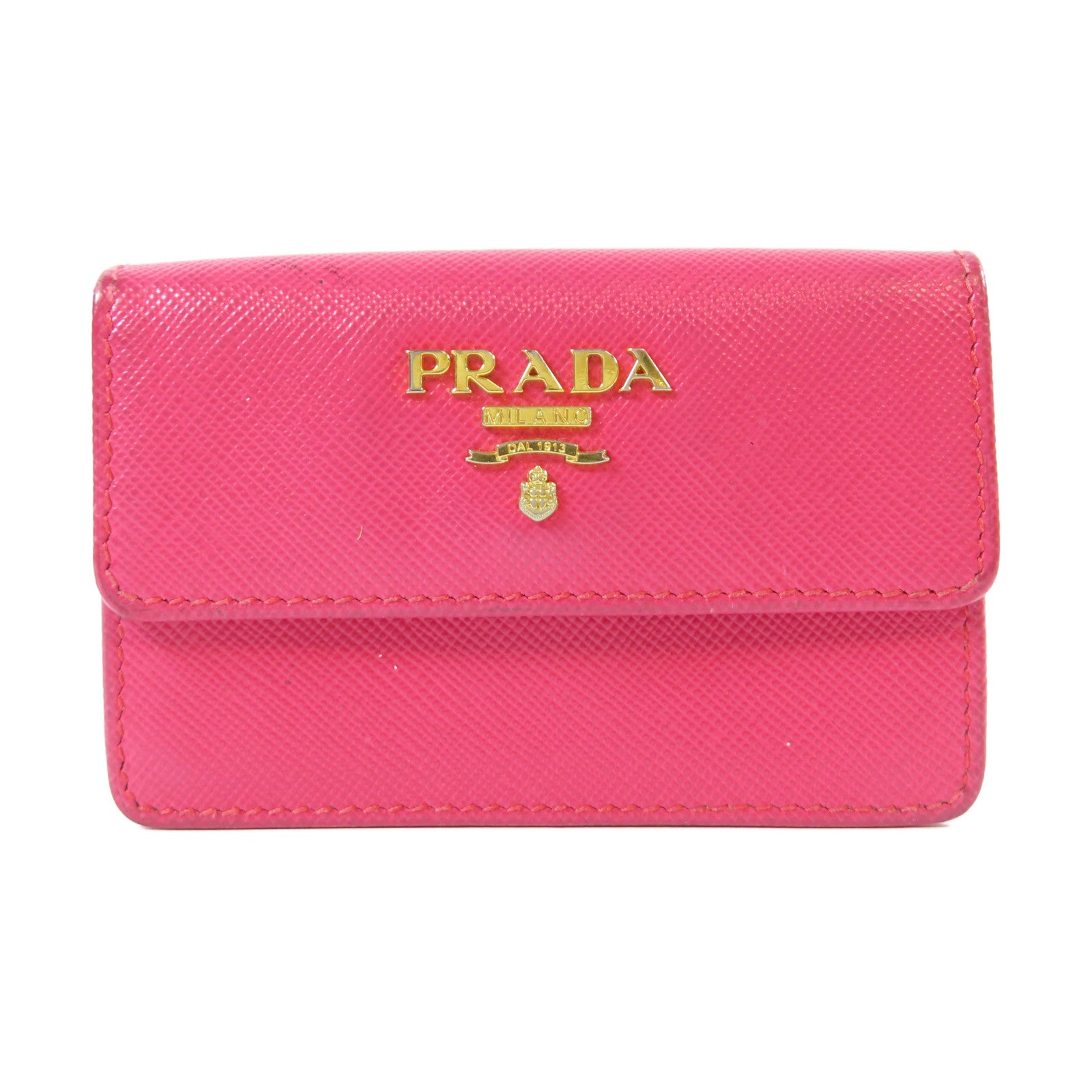 PRADA Saffiano皮革Card Case金扣卡片套桃紅色