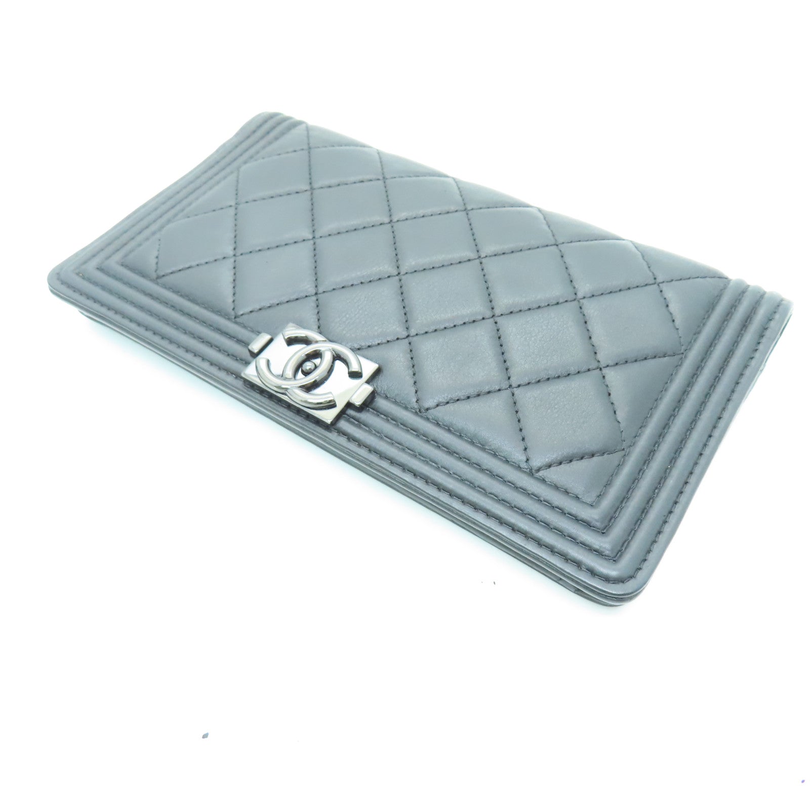 CHANEL 菱格羊皮皮革Boy Wallet So Black長錢包黑色