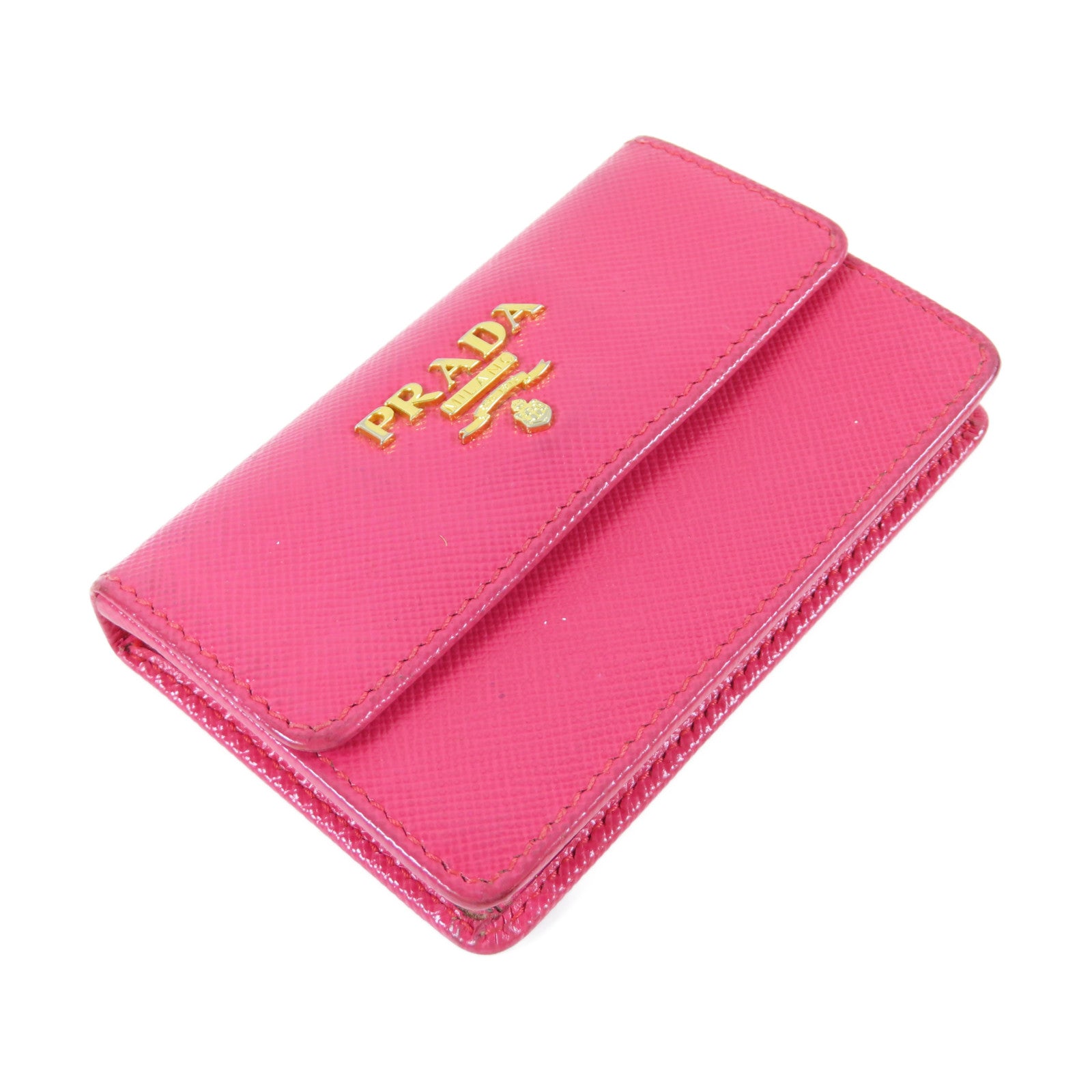 PRADA Saffiano皮革Card Case金扣卡片套桃紅色