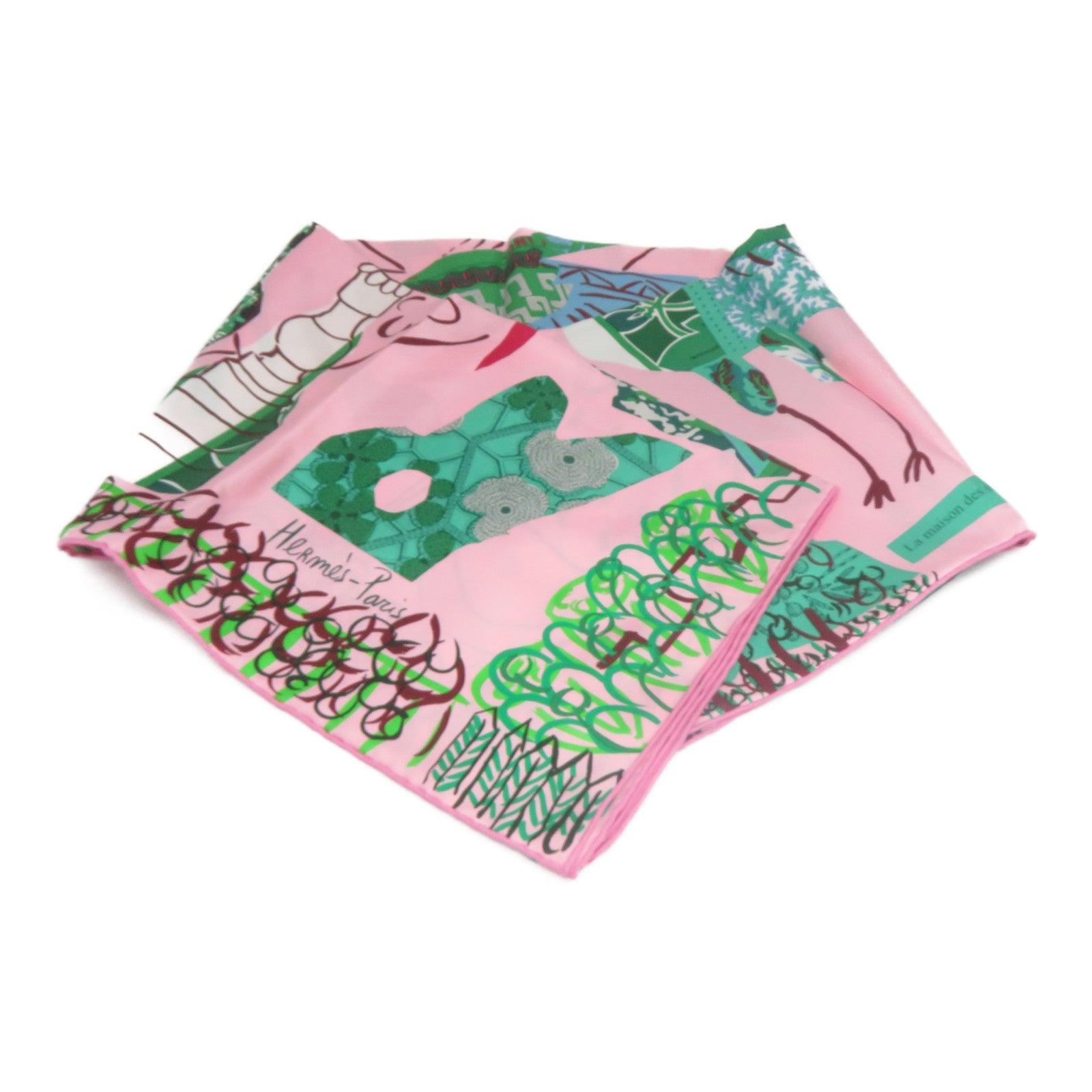 HERMES 【激減優惠】 絲質Scarf絲巾粉紅色/綠色