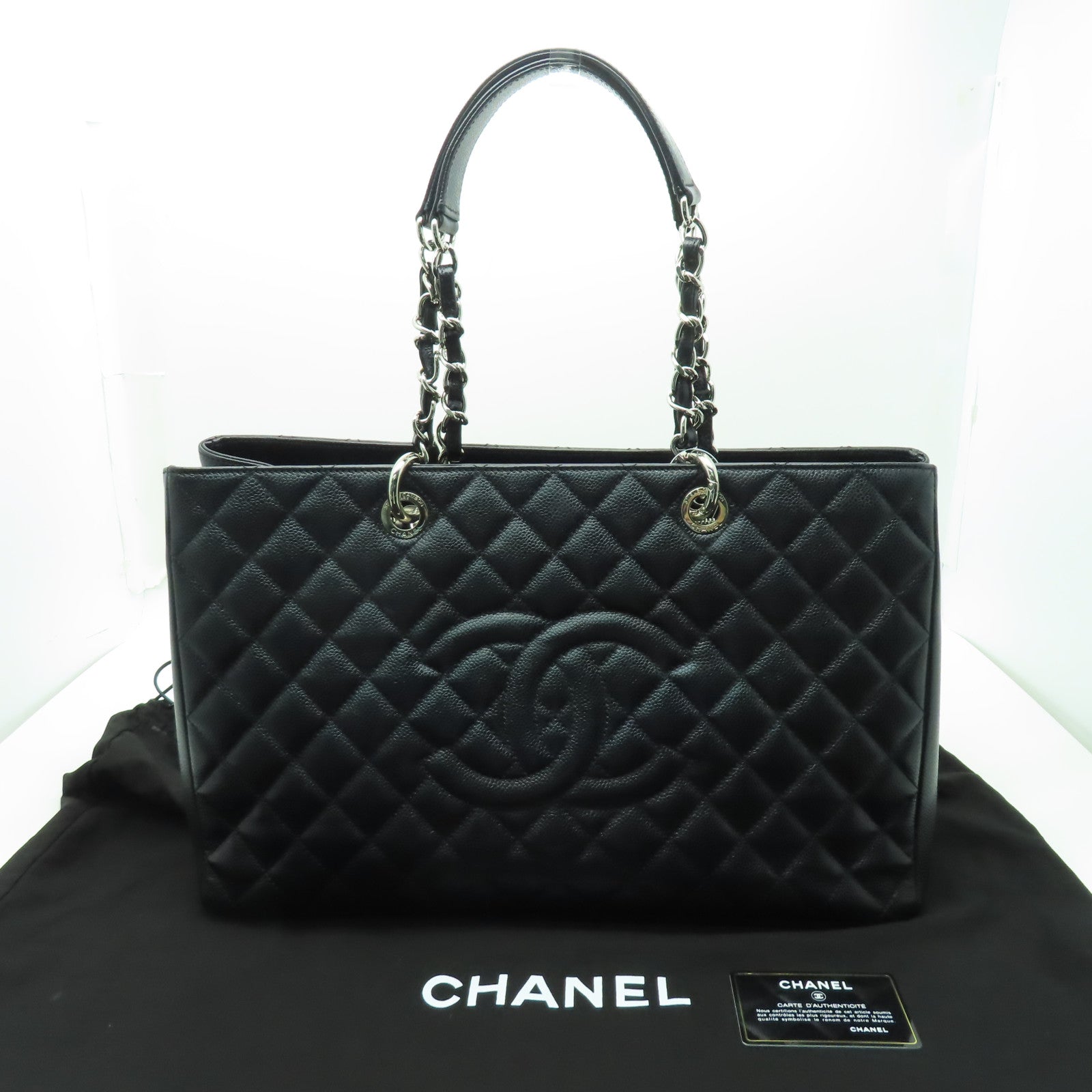 CHANEL 菱格Caviar皮革GST銀扣手挽袋黑色
