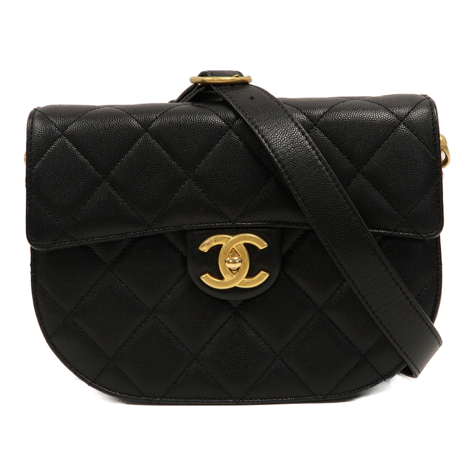CHANEL 菱格Caviar皮革Chain Shoulder金扣鏈帶肩背袋黑色