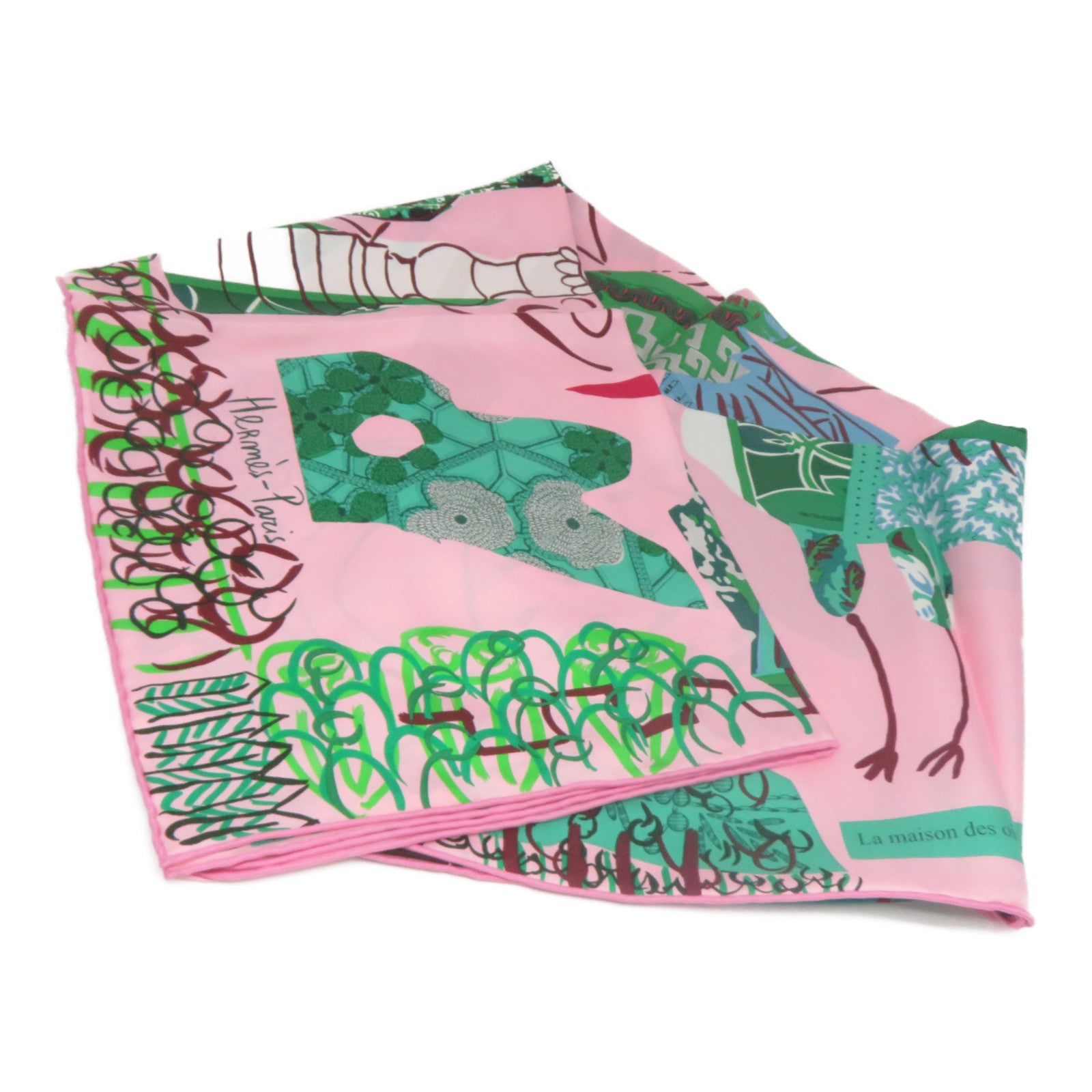 HERMES 【激減優惠】 絲質Scarf絲巾粉紅色/綠色
