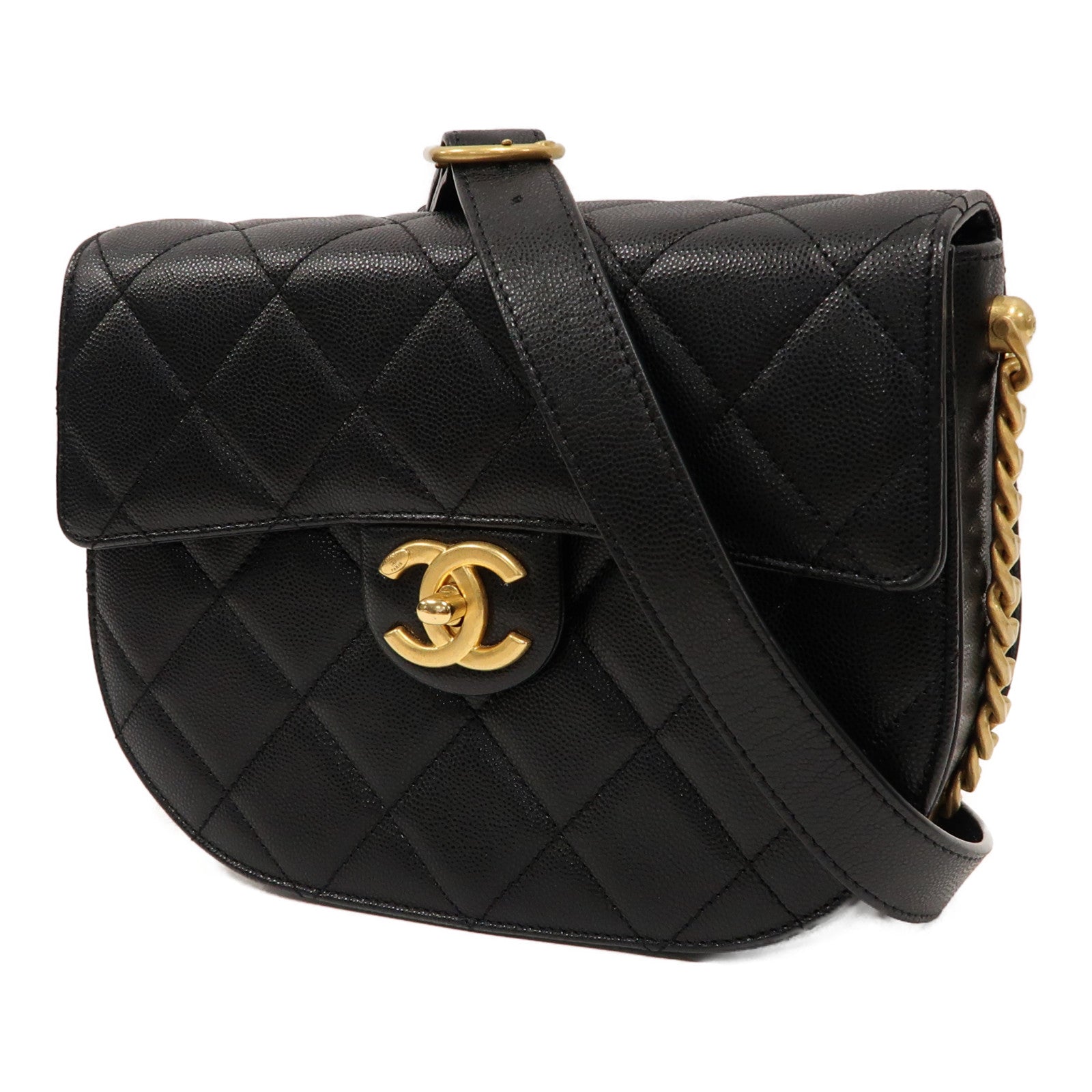 CHANEL 菱格Caviar皮革Chain Shoulder金扣鏈帶肩背袋黑色